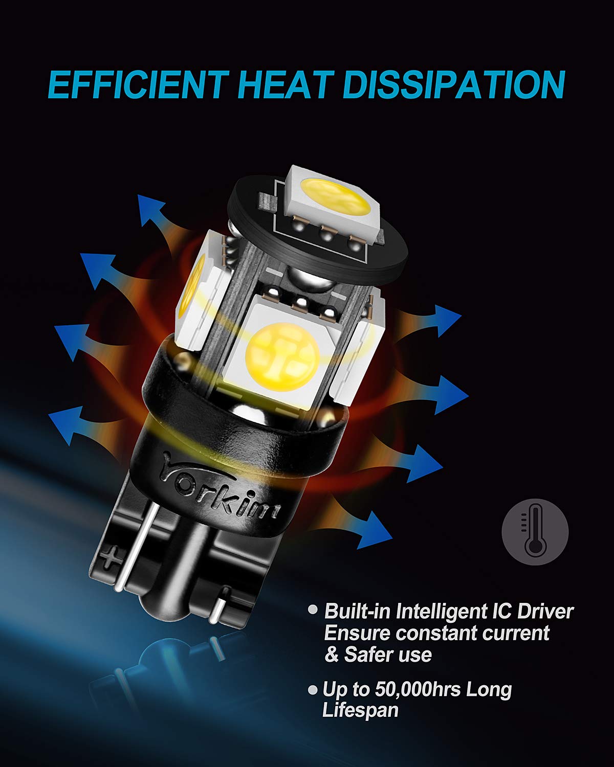 Yorkim T10 194 LED Bulbs, Super Bright 6000K, White, Pack of 10, Model AYJ1002493*10, Ideal for Car Interior Lights