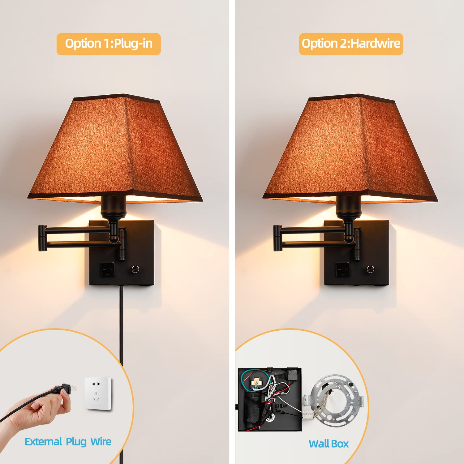 PULLCU Swing Arm Wall Lamp.Plug in Wall Sconces with USB Port and AC Outlet.Sconces Wall Lighting Coffee Fabric Shade with Dimma