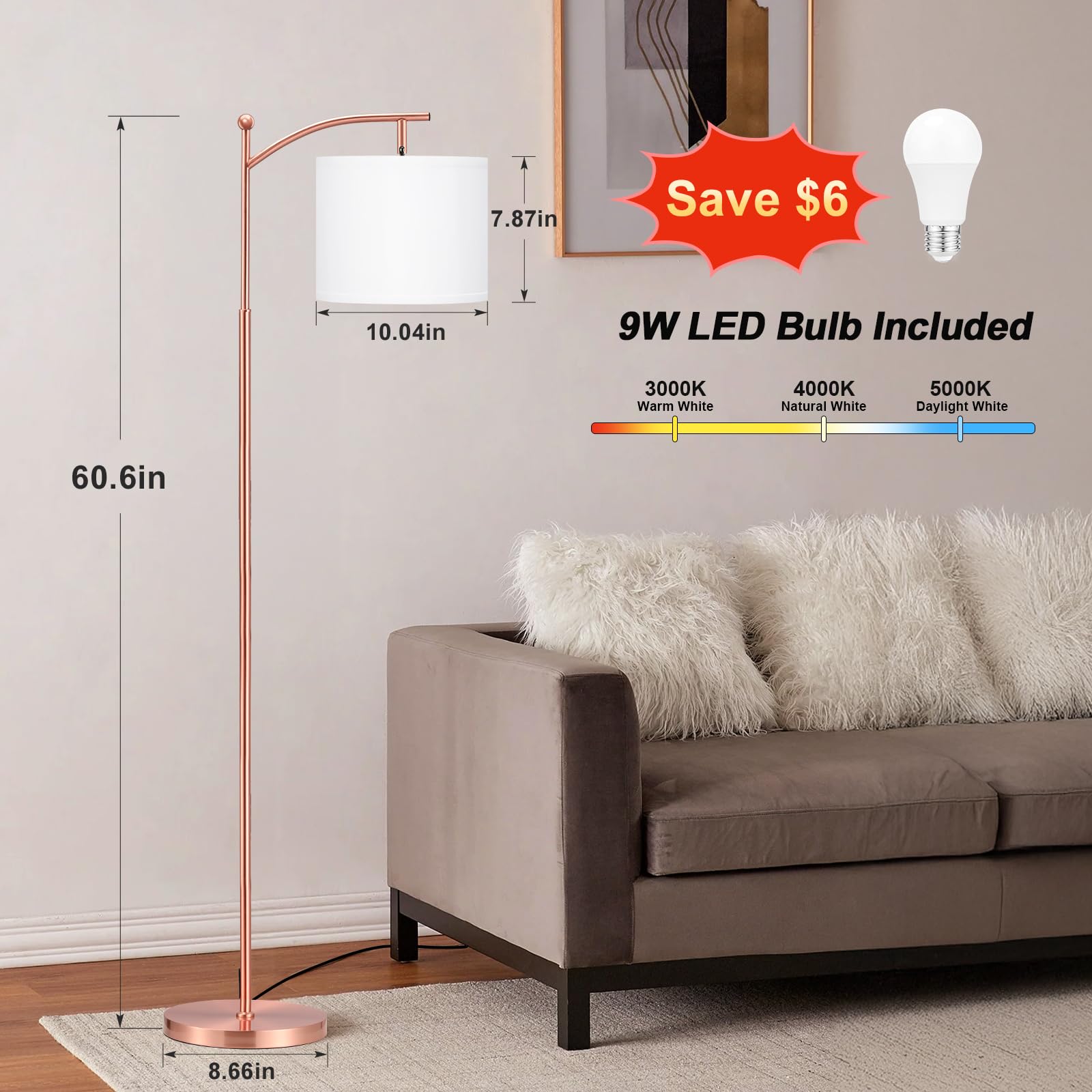 60'' Floor Lamps For Living Room With 3 Color Temperatures, Adjustable White Shade With Rose Gold Pole, Tall Lamps For Living Ro