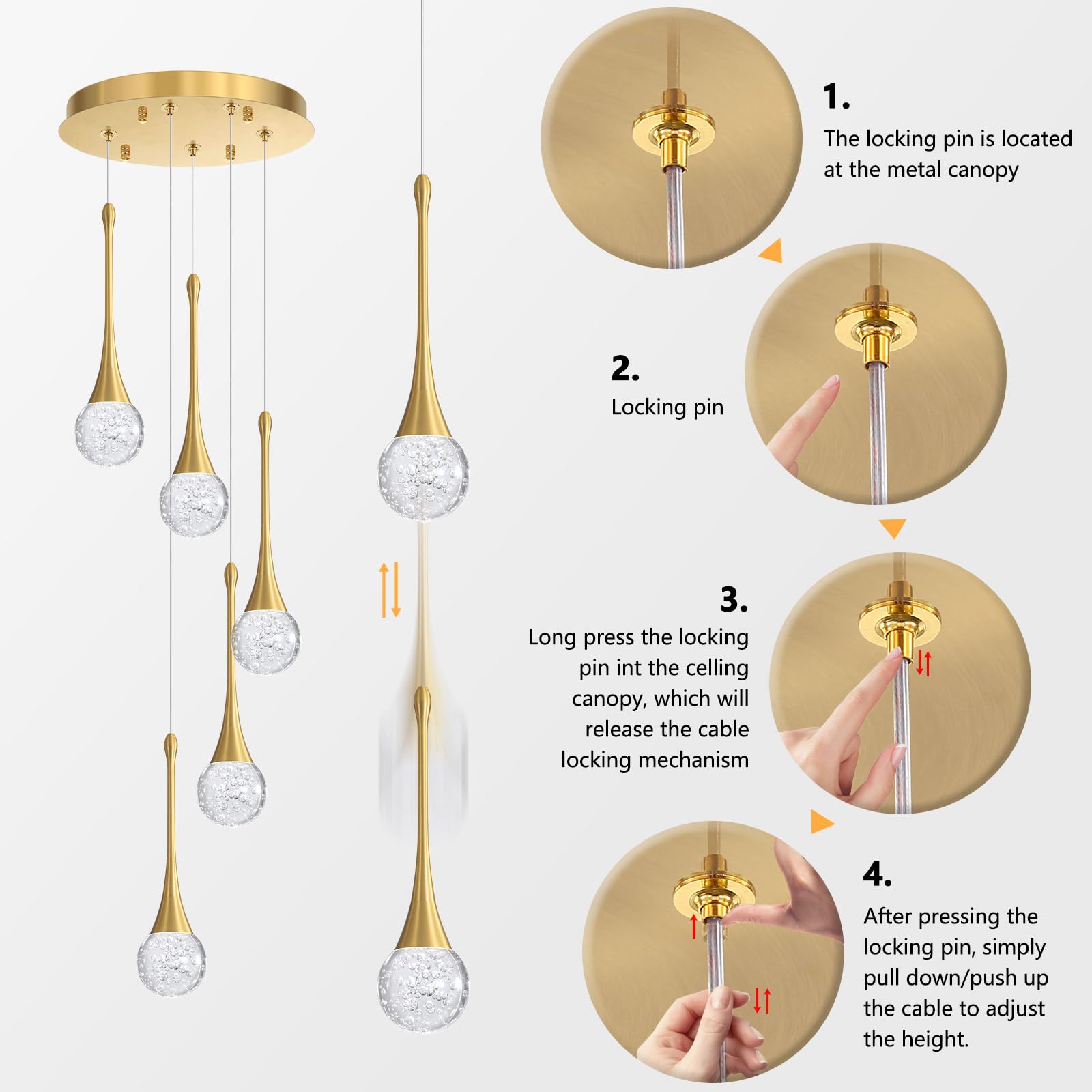 Cenzoz 5-Lights Modern Pendant Lights For Kitchen Island Led Dimmable Chandelier Crystal Glam Ceiling Pendant Lighting For Dining Room Hallway Bedroom Lamp Antique Gold