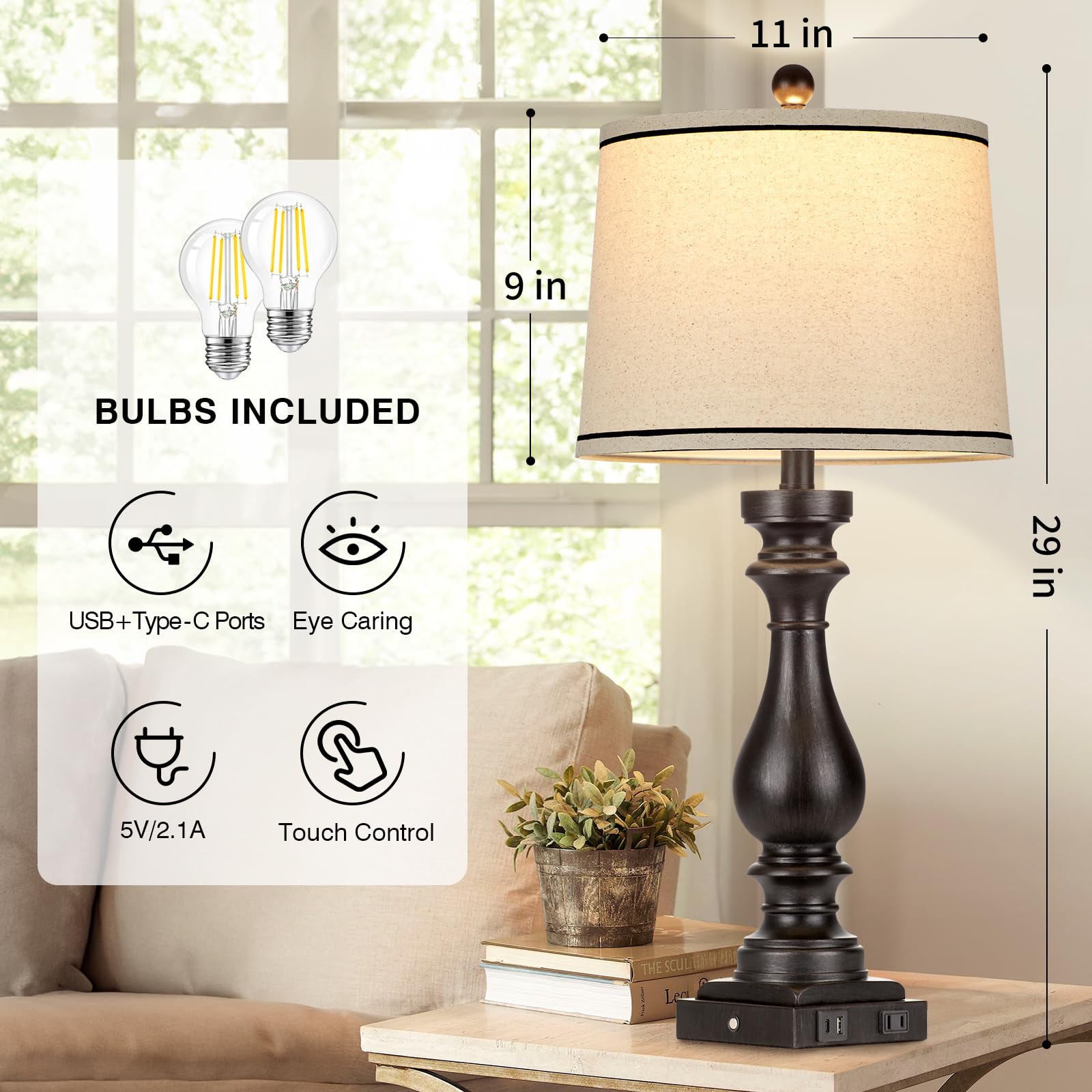 Cinkeda 29" Tall Table Lamp Set of 2 - Vintage Black Touch Control Lamps with USB & AC Outlet for Living Room & Bedroom