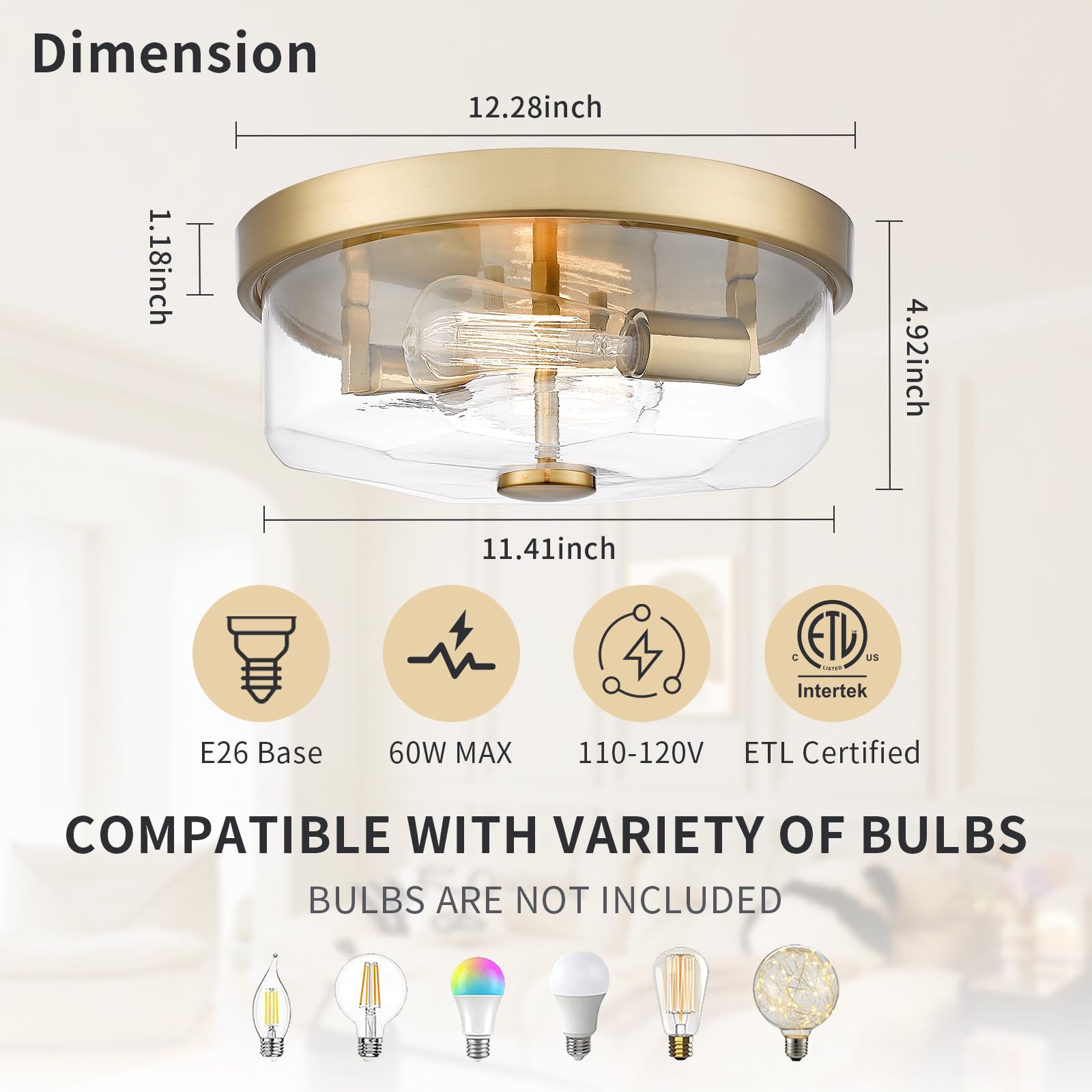 Luminzone 3-Light Flush Mount Ceiling Light, Brushed Gold, Clear Glass, Model 7J10F-L BG-A, Modern Farmhouse Design for Kitchen/Entryway