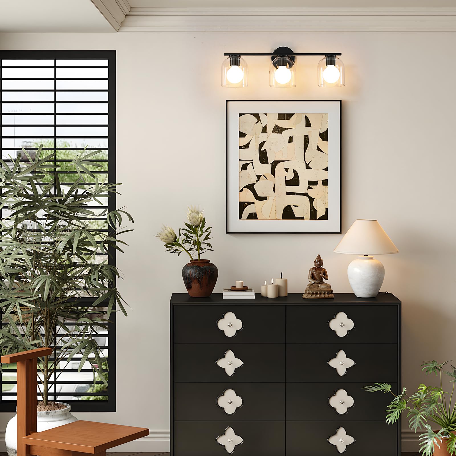 WOSHITU 3-Light Bathroom Vanity Light Fixture, Matte Black, 23.3 Inch, Modern Design with Clear Glass Shade, Model 8202