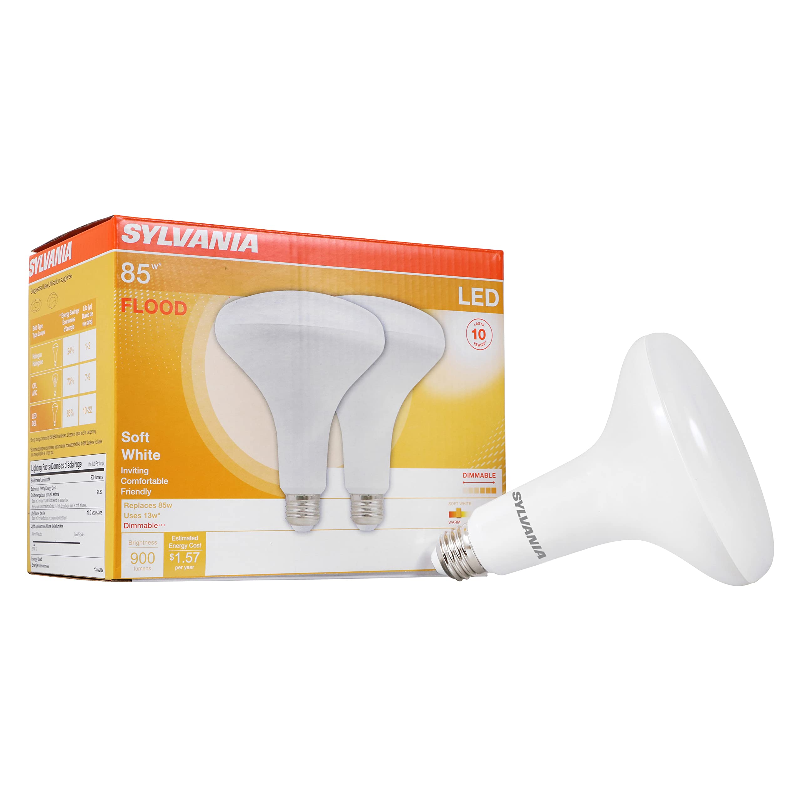SYLVANIA LED Flood BR40 Light Bulb, 85W Equivalent Efficient 13W, E26 Medium Base, Dimmable 2700K Soft White - 2 Pack (79498)