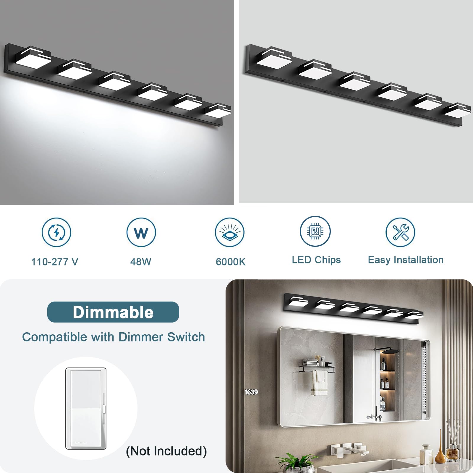 Lkhf Led Modern Bathroom Vanity Light Fixtures  6-Light 40-Inch Dimmable Matte Black Vanity Lights For Bathroom Lighting Fixtures Over Mirror  With 350?Rotatable Acrylic Heads (Cool White 6000K)