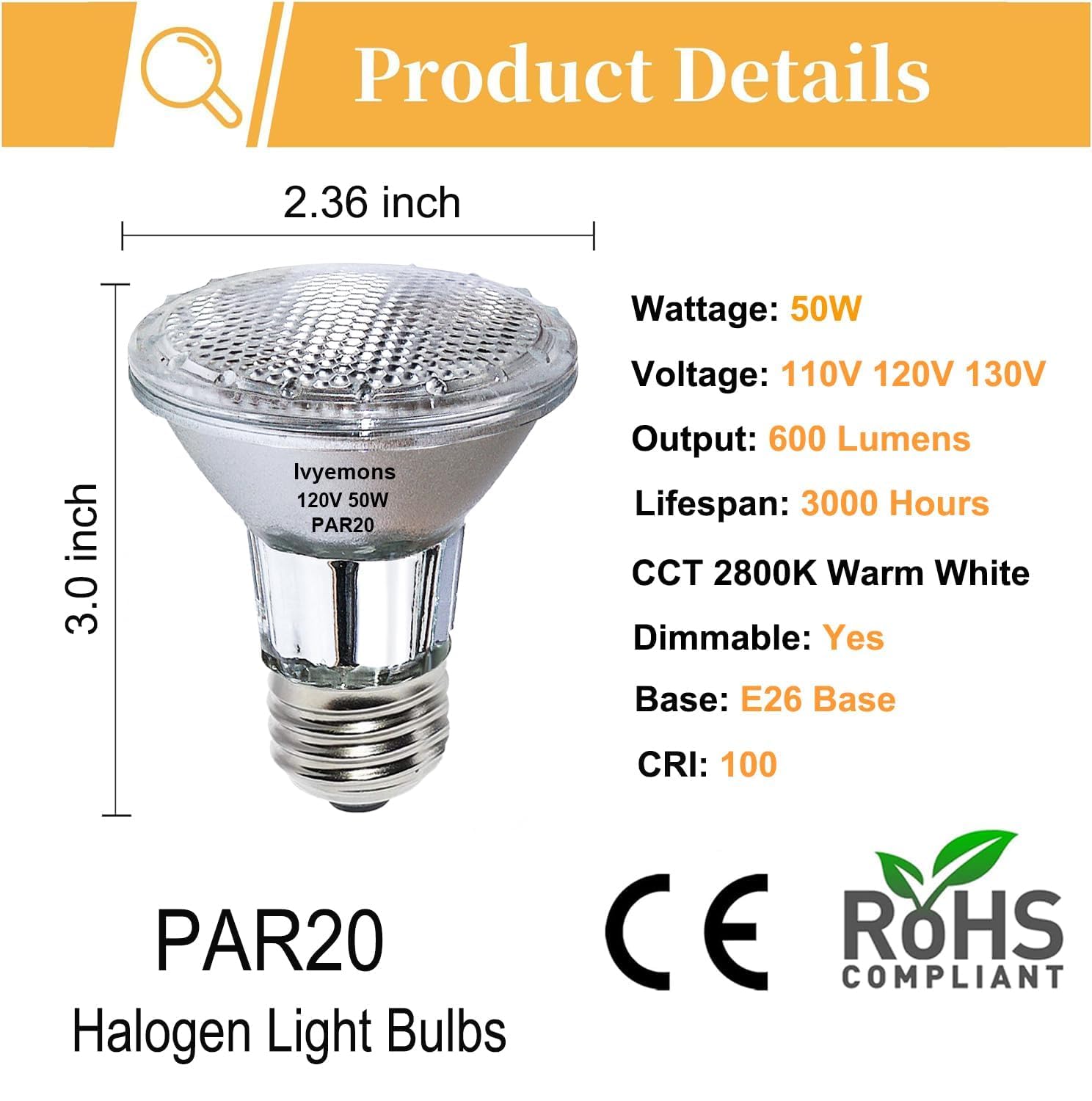 Ivyemons Halogen Par20 50W 120V 600Lm, 9 Pack High Output Par20 Halogen Dimmable 2800K Warm White, E26 Long Lifespan 50 Watt Flo