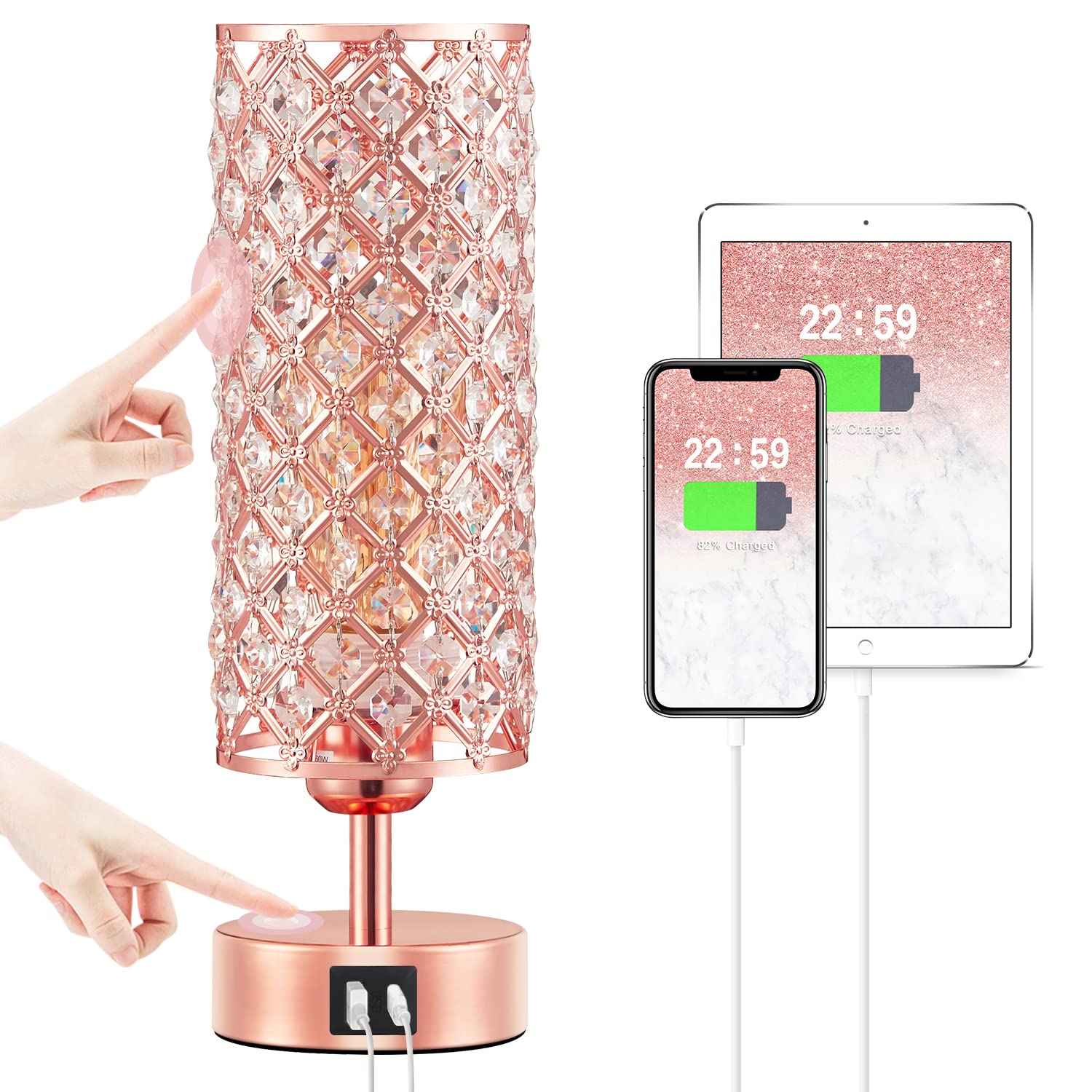 Hong-In Rose Gold Crystal Table Lamp, Usb C+A, 3-Way Dimmable Touch, Bulb Included