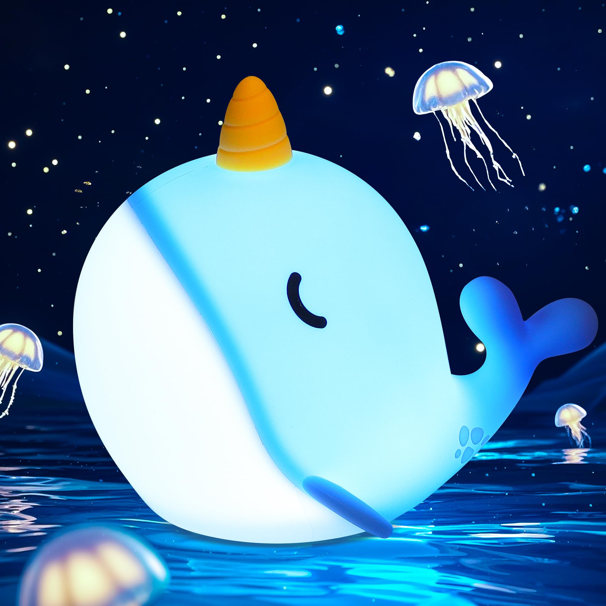 Ammonite Blue Narwhal Night Light  Soft Silicone Whale Nursery Lamp with 3 Dimming Levels and 30-Minute Timer  Touch Control Nightlight for Bedroom Decor  Christmas Birthday Gift