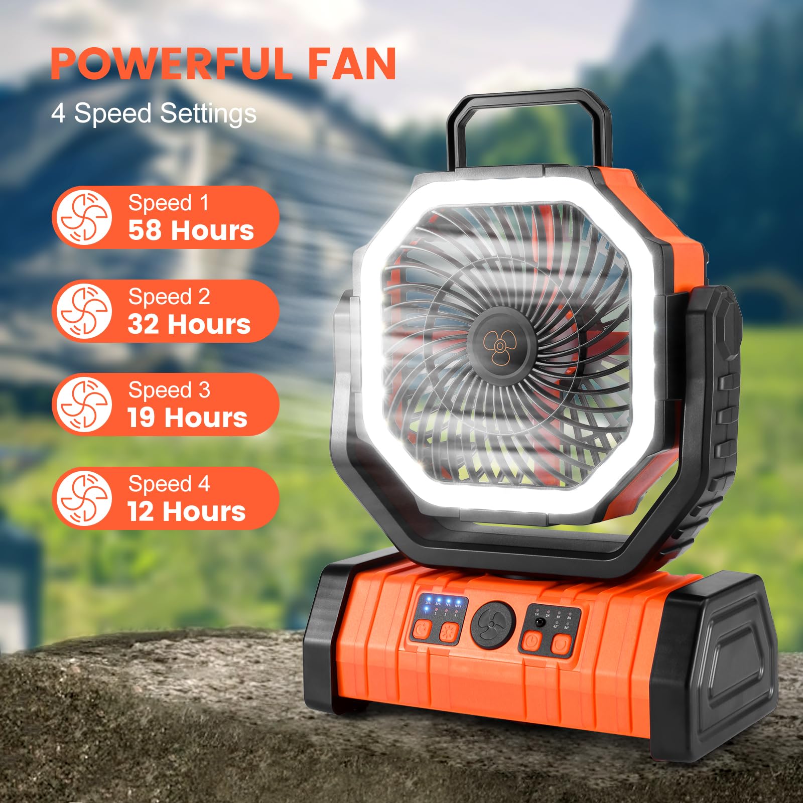 Odoland 30000mAh Camping Fan with LED Lantern, Portable, 4 Speeds, 11.2x8.7x4.3 inches, Orange, Model OD06671O