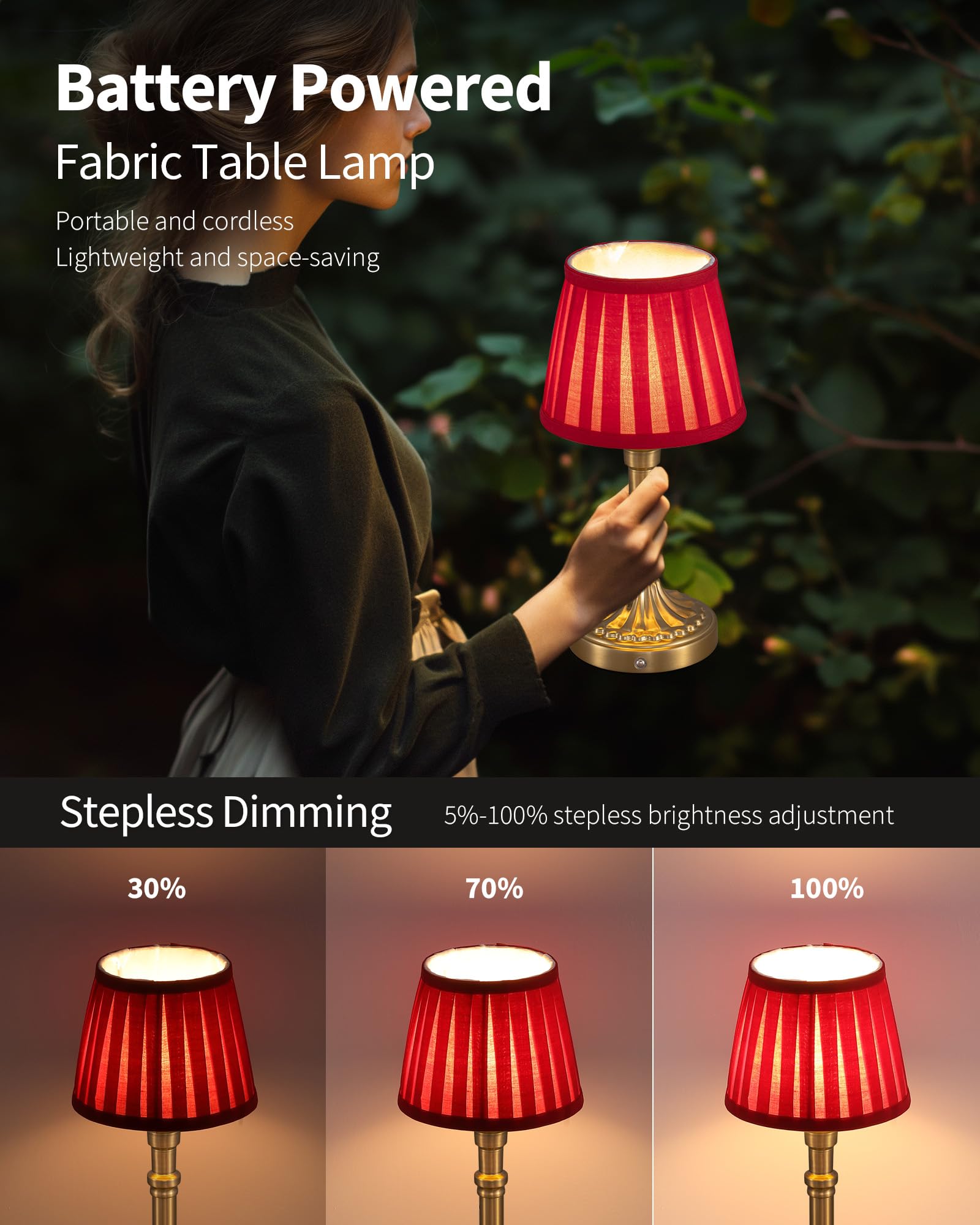 Kdg Cordless Portables Table Lamp Set Of 2, Led Fabric Shade Small Desk Lamps, 5000Mah Battery Powered Lighting, 2700K Stepless Dimmable Light For Living Room, Dining Room, Bedroom (Bronze+Red)