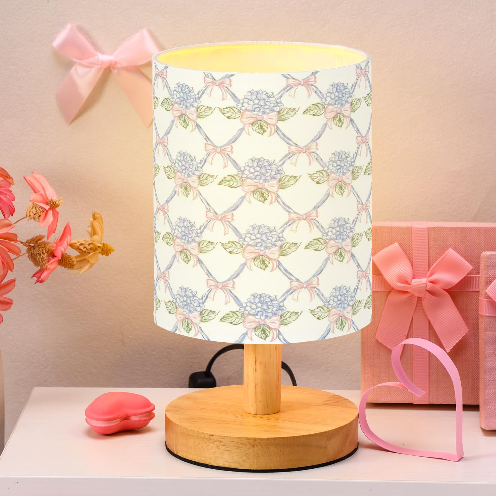 VIHOSE Blue Hydrangea Kids Table Lamp for Bedroom Kids Bedside Lamp with Linen Wooden Nightstand Cartoon Nursery Lampshade for G