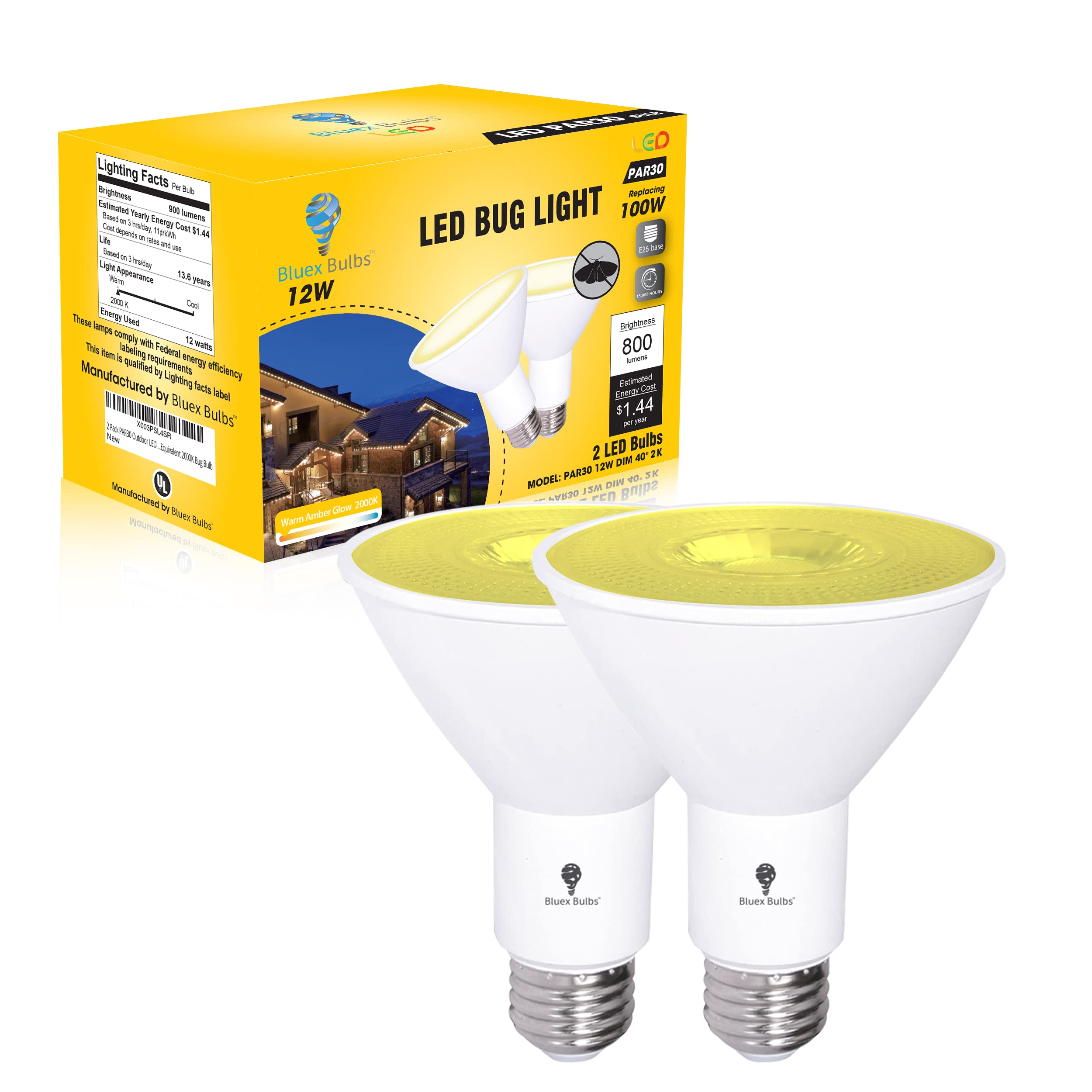 2 Pack Par30 Amber Yellow Led Bug Light Bulb Outdoor Led Flood Light Bulb 12W 100 Watt Equivalent Dimmable Waterproof E26 Bug Le