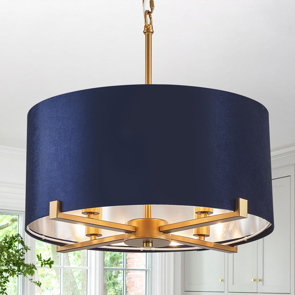 Catiner Drum Chandelier,18    Blue And Gold Round Ceiling Pendant Light Fixture Velvet Fabric Shade 4 Lights Modern Semi Flush M