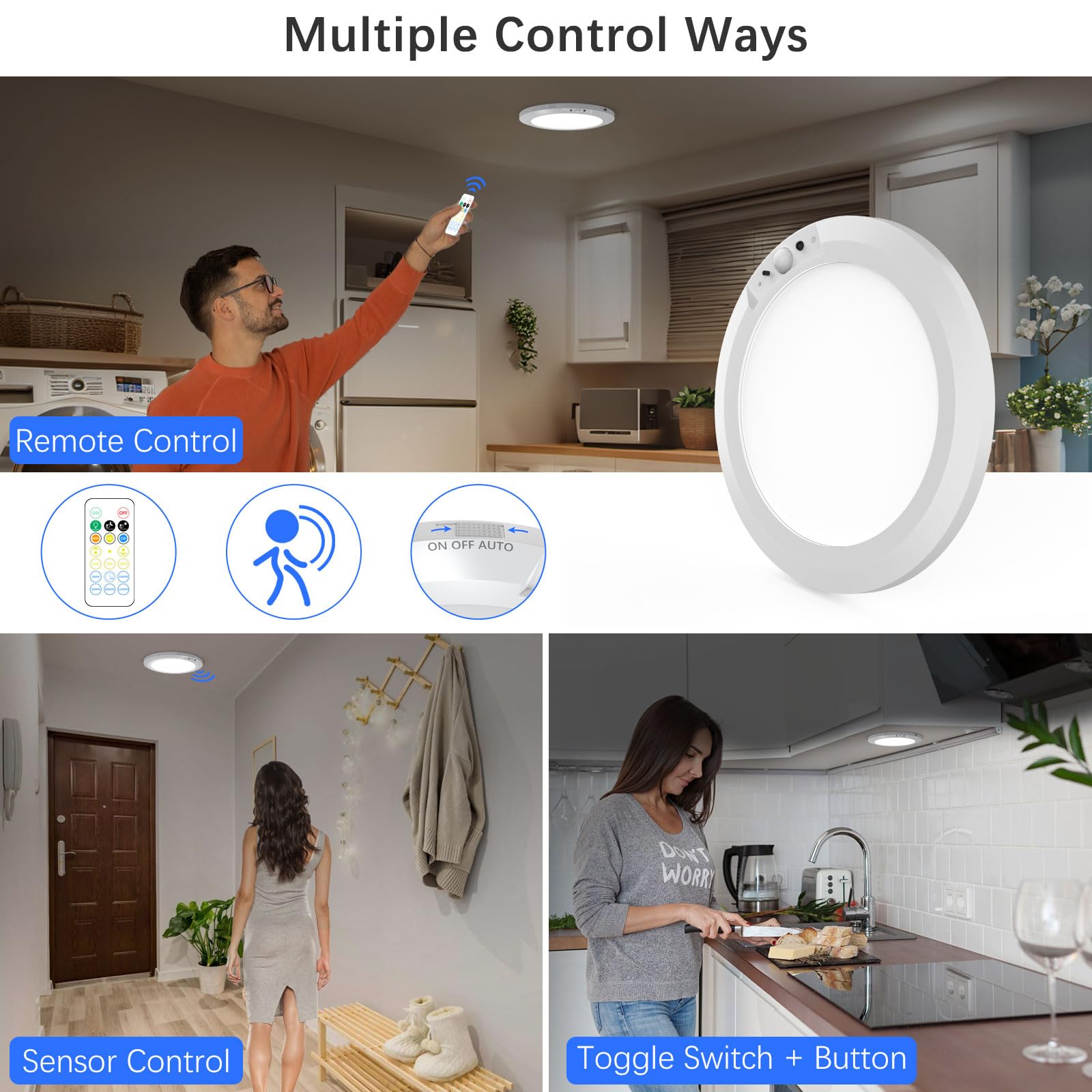 Battery Operated Led Celling Lights Fixture With Auto Motion Sensor, Smart Body Sensor Ceiling-Mounted Lamps With 3 Colors/Brigh