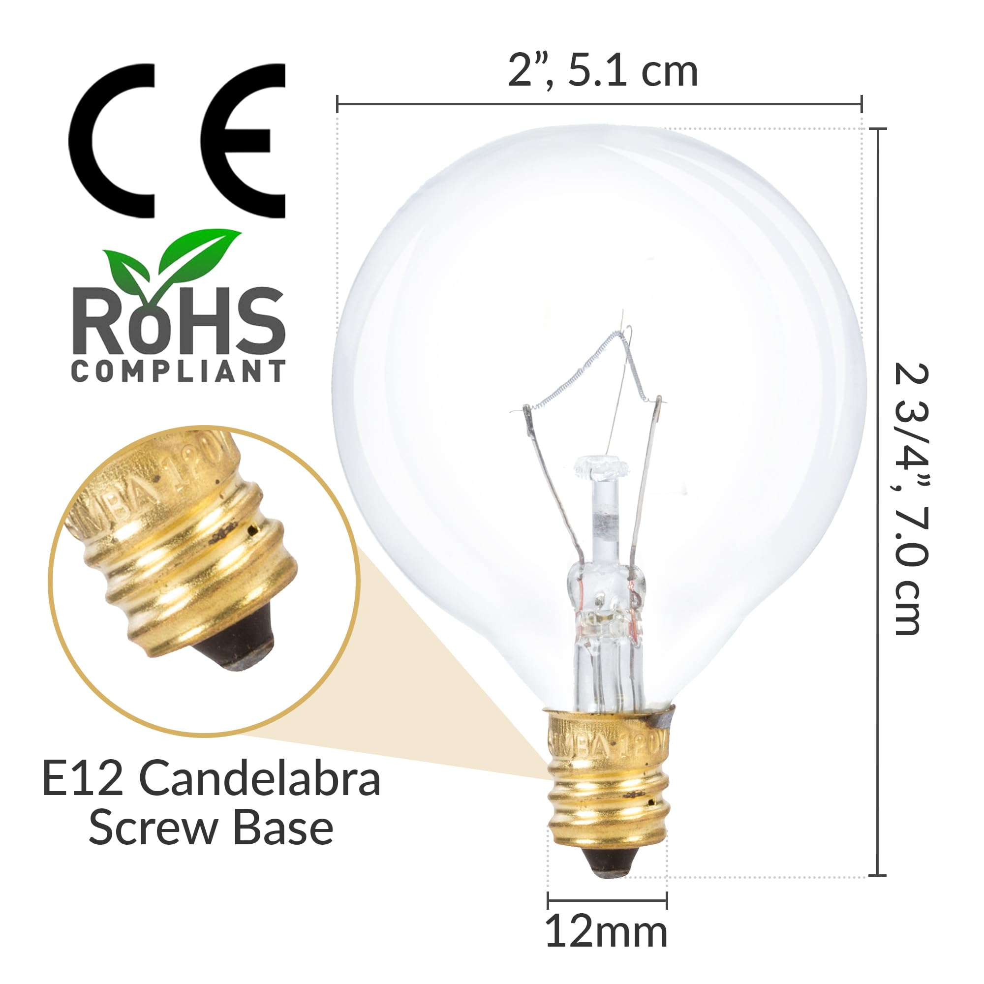 Simba Lighting Small Globe G16.5 Round Bulb 40W E12 Candelabra Base (10 Pack) For Chandelier  Ceiling Fan Light  Decorative Vanity Lights  Wall Sconce  Clear Glass 110V 120V  2700K Warm White Dimmable