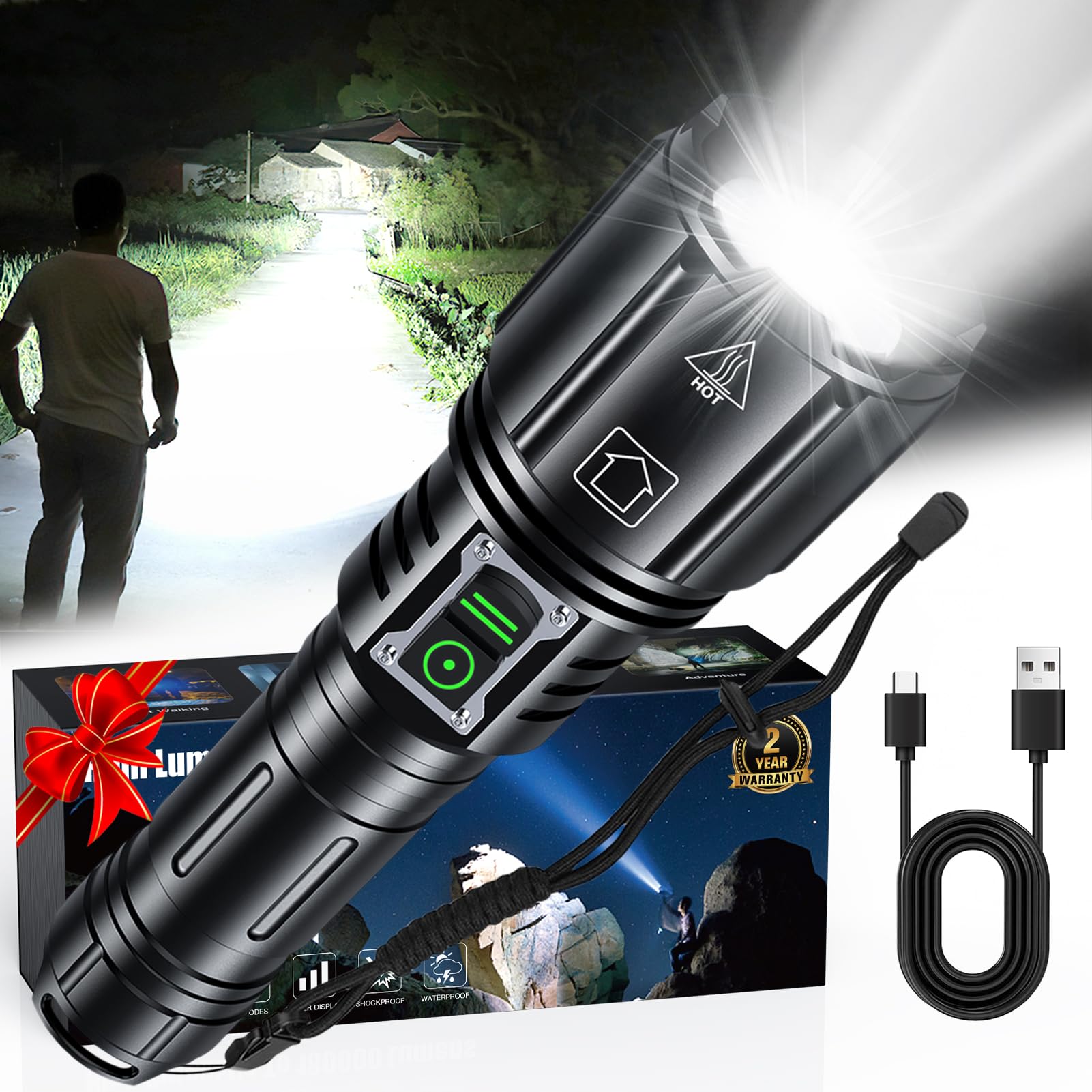Led Super Bright Flashlight 1200000 High Lumens, High Powered Rechargeable Flashlights, 6 Modes Zoomable, Waterproof Flash Light