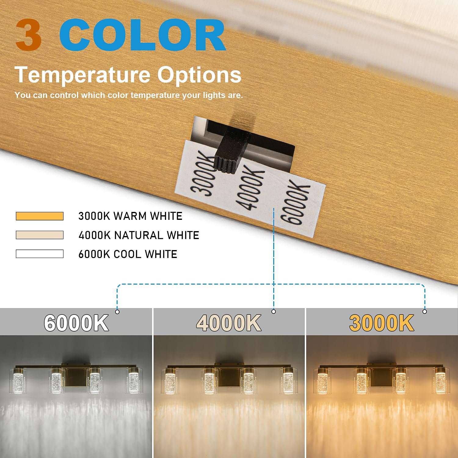 SineRise 4-Light Gold Vanity Light - Dimmable LED Fixture with 3 Color Modes, Eye Protection, Clear Glass Shade
