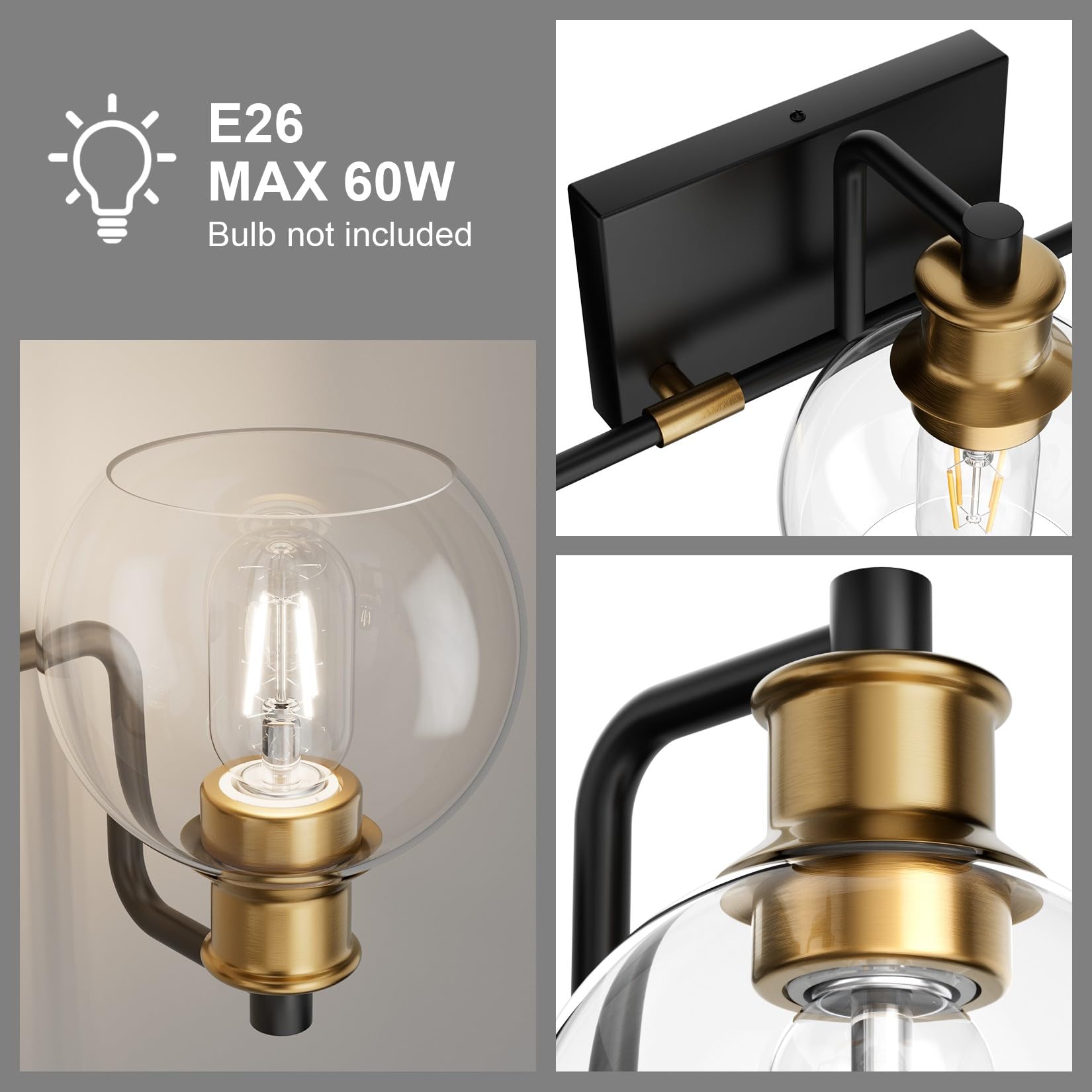 Tipace Vintage Bathroom Vanity Light Fixture, 3-Light Black & Gold Glass Globe, Model L-7493-1, Industrial Farmhouse Style