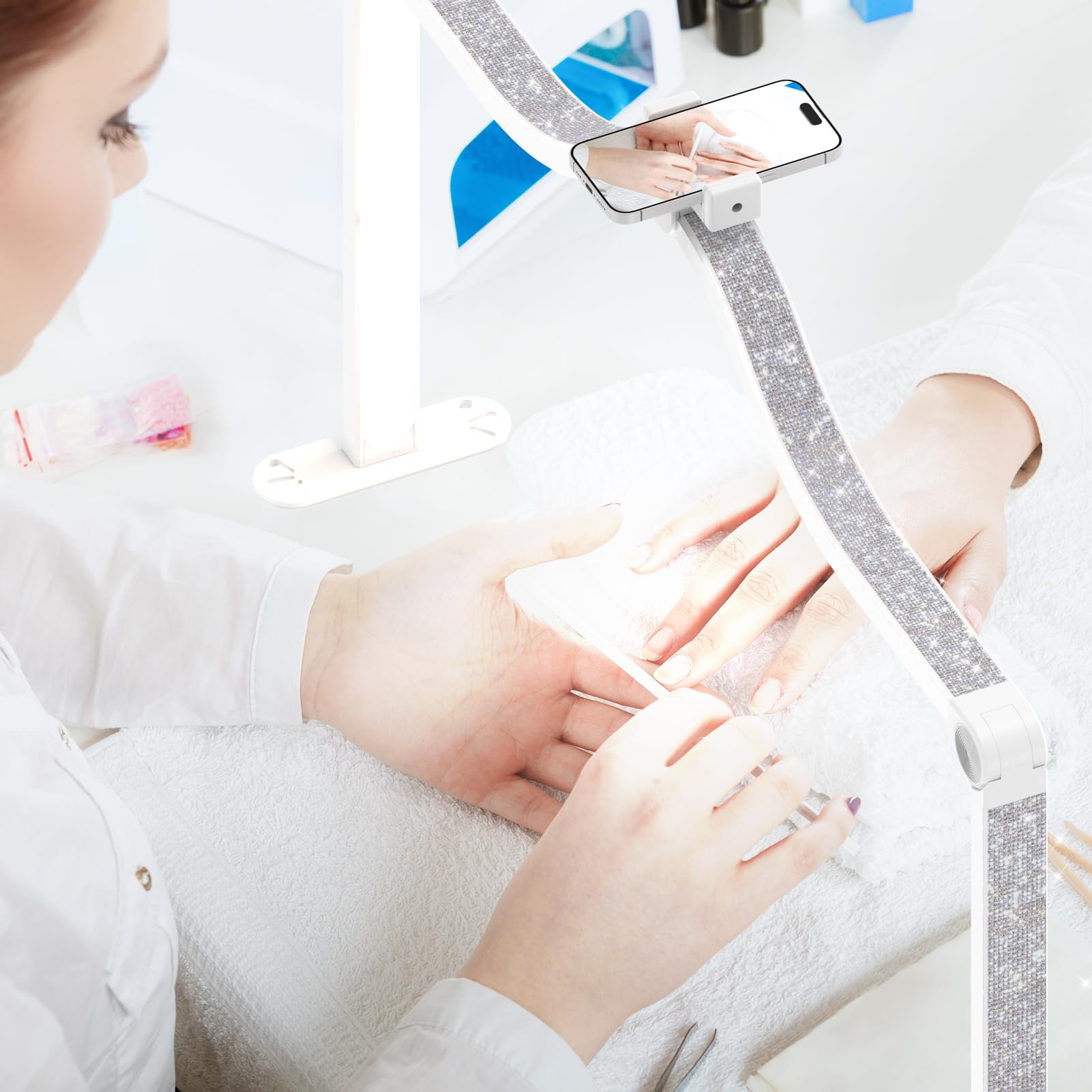 Large Super Bright Half Moon Led Light For Table Nail Desk, Professional Nail Lamp For Desk For Nail Techs With Phone Stand Perf