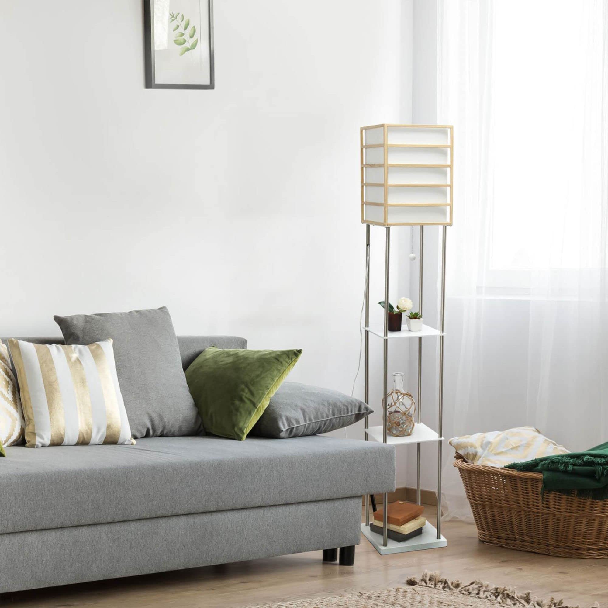 LALIA HOME 1 Light Metal Etagere Floor Lamp, Linen Shade, Light Wood, Model LHF-5055-LW