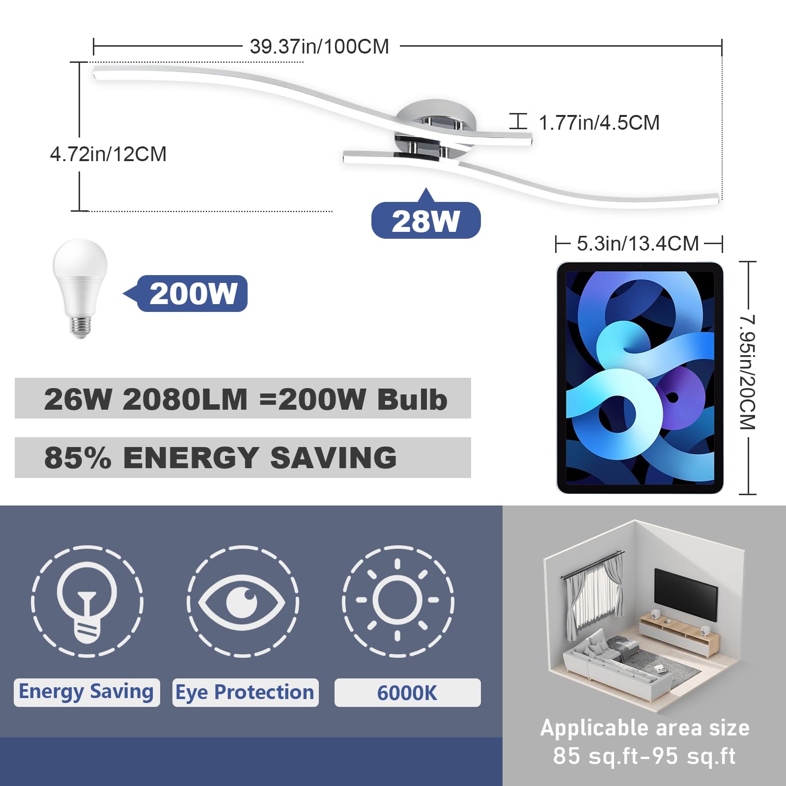 Hlilceh 28W Chrome Linear Ceiling Light Modern Led Ceiling Light Fixture 6000K Aluminum 39.37Inch Long Ceiling Lamp For Hallway,