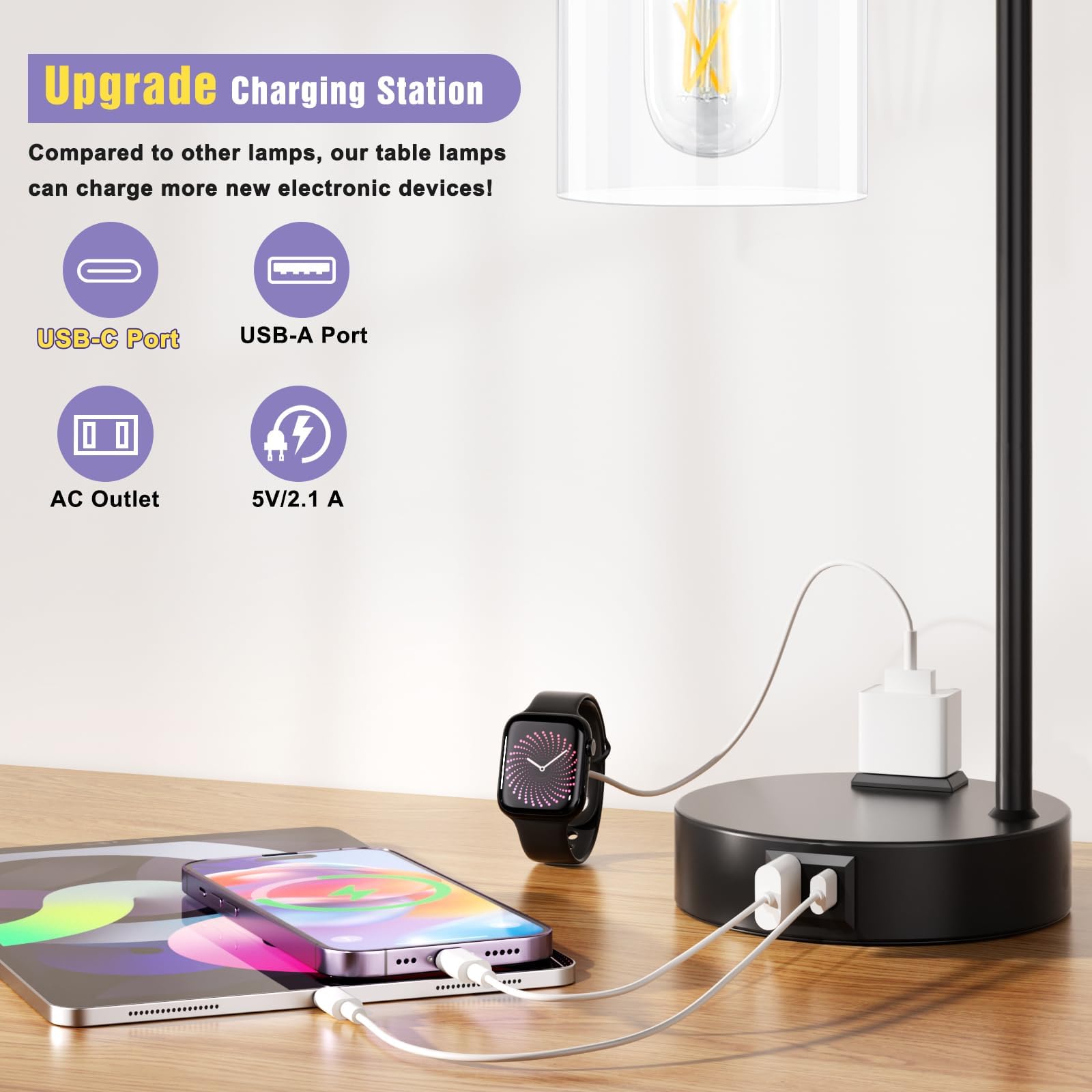 Industrial Touch Table Lamps For Bedrooms Set Of 2 - 3-Way Dimmable Nightstand Lamps With Usb C+A Ports And Outlet, Black Bedside Lamps With Glass Shade For Living Room, Desk Lamps For Home Office