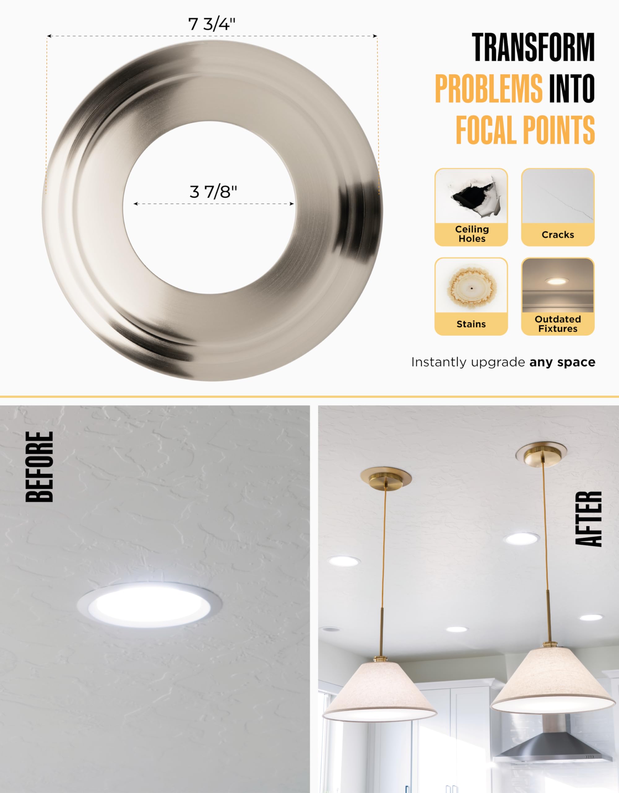 The Can Converter Recessed Can Light Conversion Kit, Satin Nickel, 7in¾ Flat & Beveled Ceiling Medallion, UL Certified