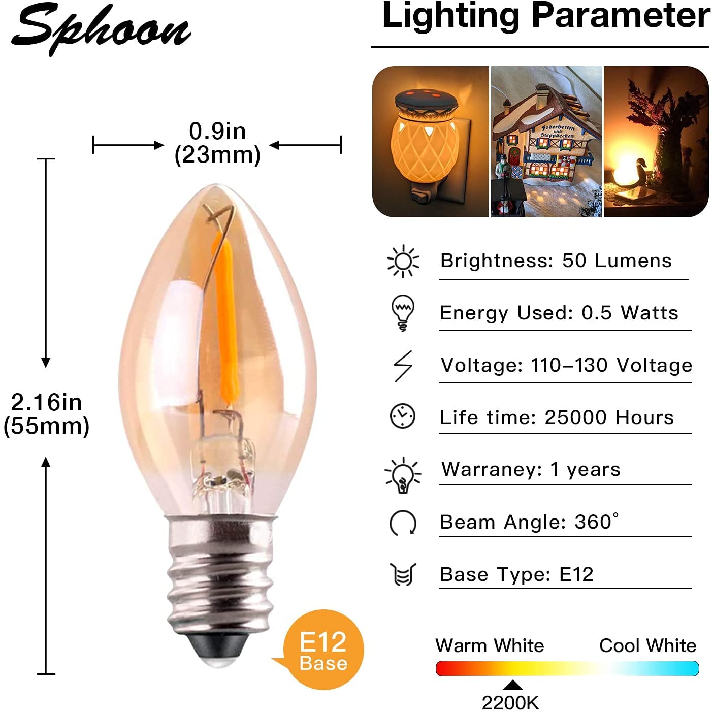 Sphoon C7 LED Night Light Bulb, E12 Candle Base, 0.5W, Ultra Warm White 2200K, Amber Glass, Pack of 2