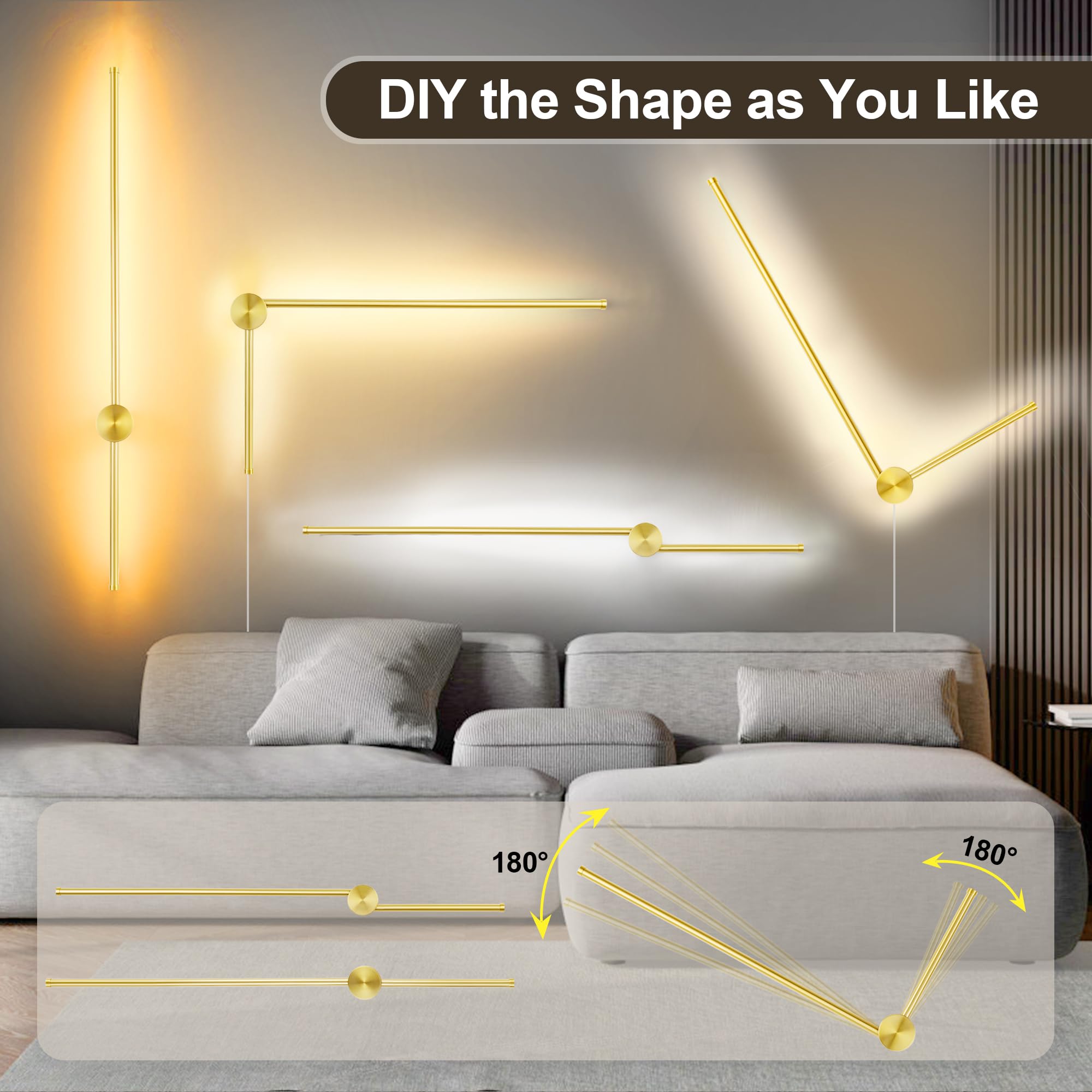 Goodate Led Wall Sconces Set Of 2 With Remote, 3000K-6500K Dimming, Gold,