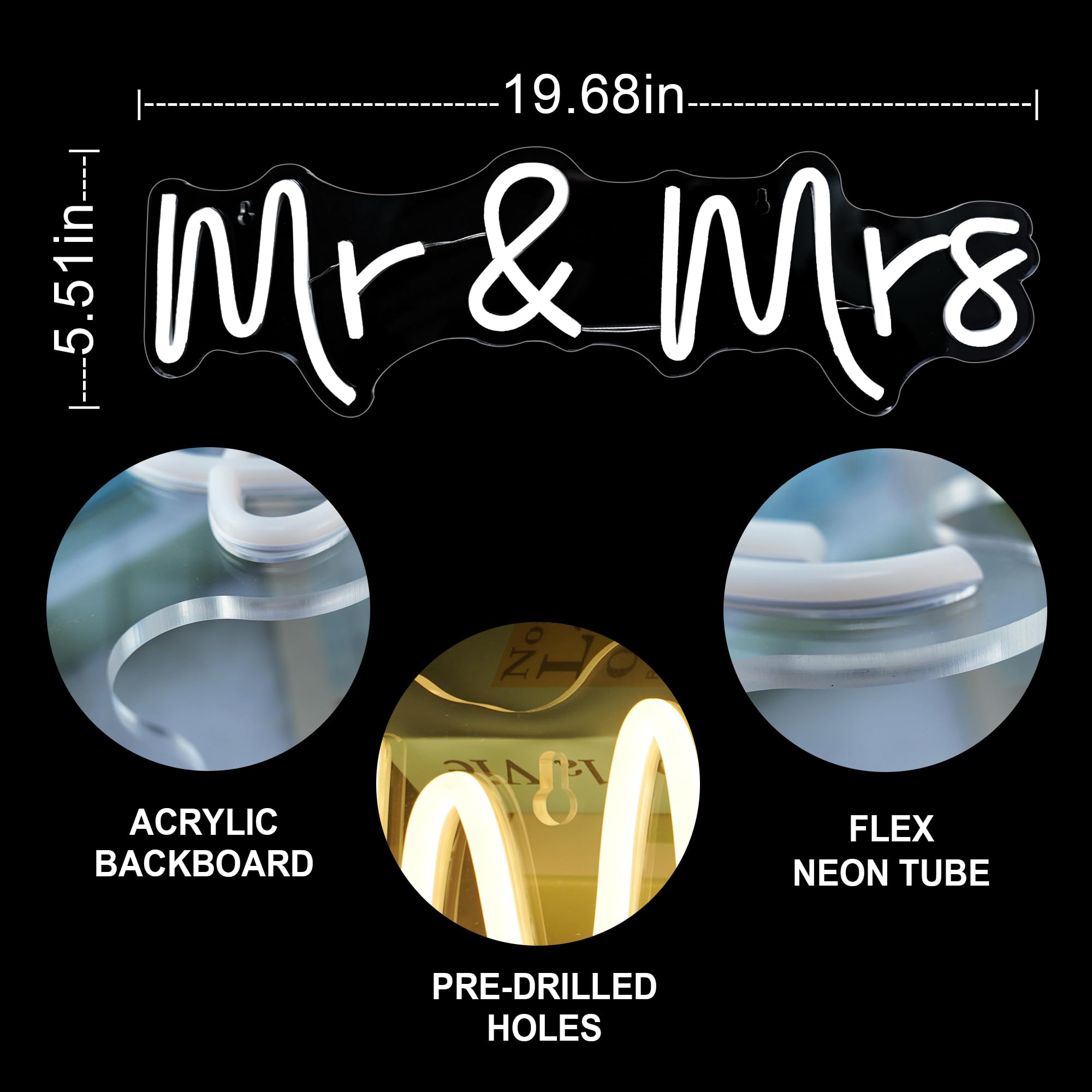 Aslanka LED Mr & Mrs Neon Sign for Wedding Decor, 19.6x5.5in, Warm White Acrylic