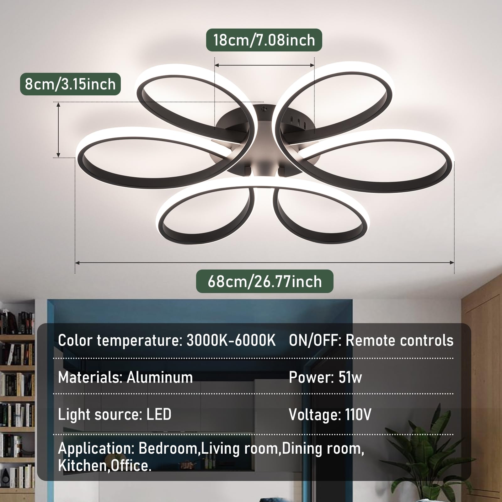 HLILCEH 26in LED Ceiling Light, 6 Rings Flush Mount Fixture, Black, Dimmable with Remote Control, Model CL-6BHBK-D-US-FBA