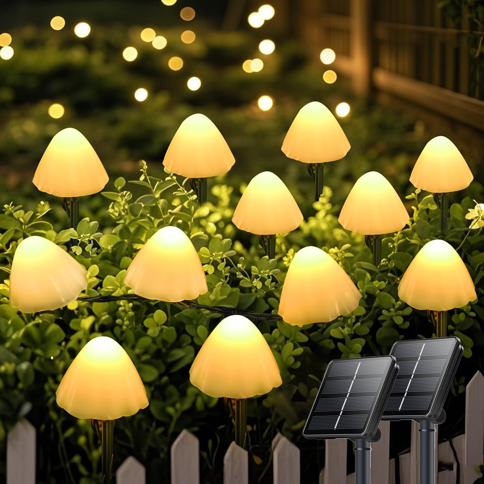 OZS Solar String Lights 32LED 55FT 2 Pack Waterproof Mushroom Warm White with 8 Lighting Modes for Garden Pathway Decor