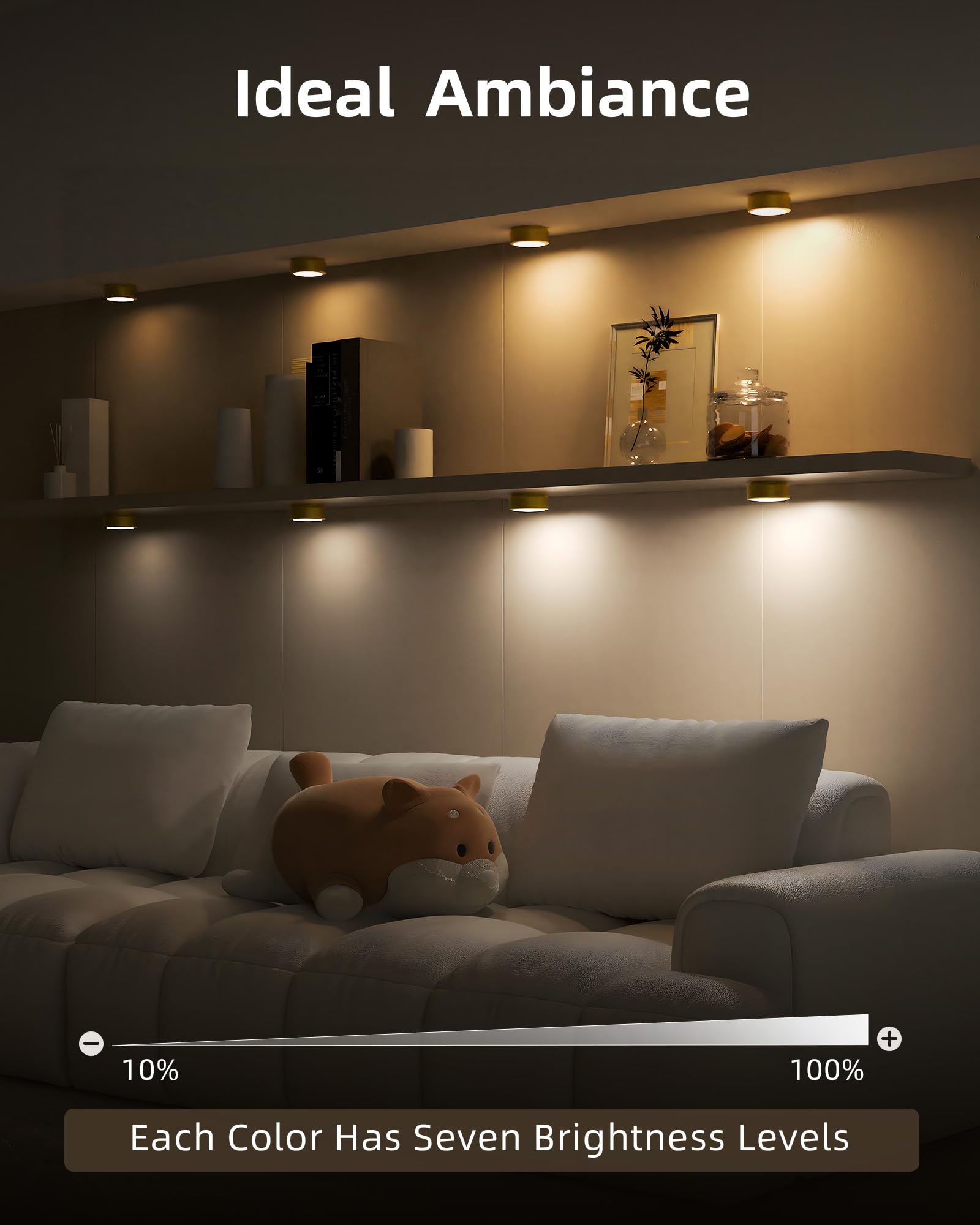 EZVALO Puck Lights with Charging Station, 2000mAh Rechargeable RGB LED, Wireless Under Cabinet Lighting, 6 Pack, Gold Finish