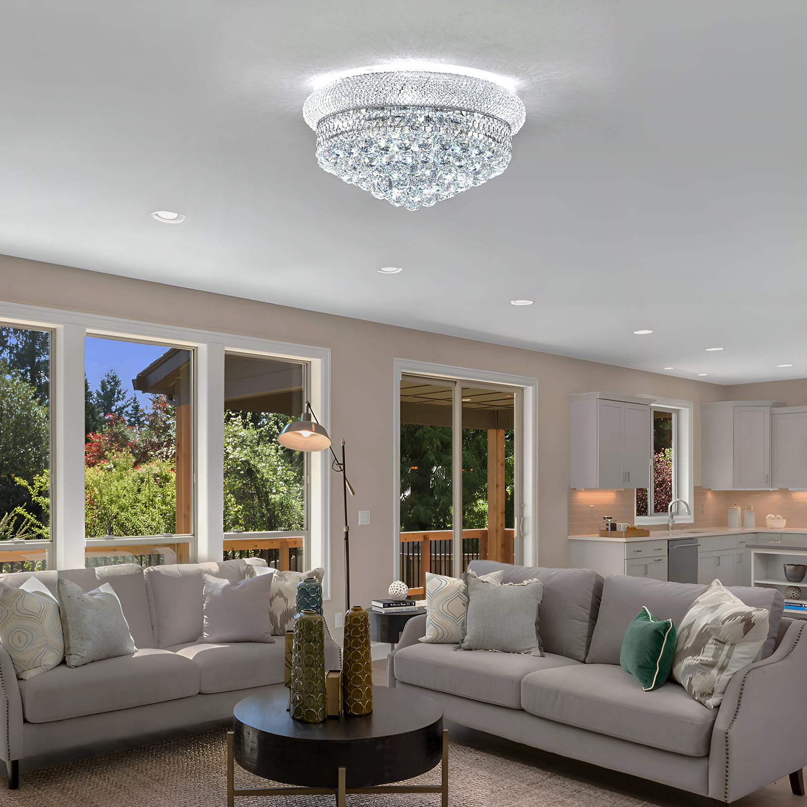 Homeooze 9 - Light Flush Mount Crystal Chandelier For Living Room Dining Room Entryway Hallway Bedroom Foyer Chrome Finish