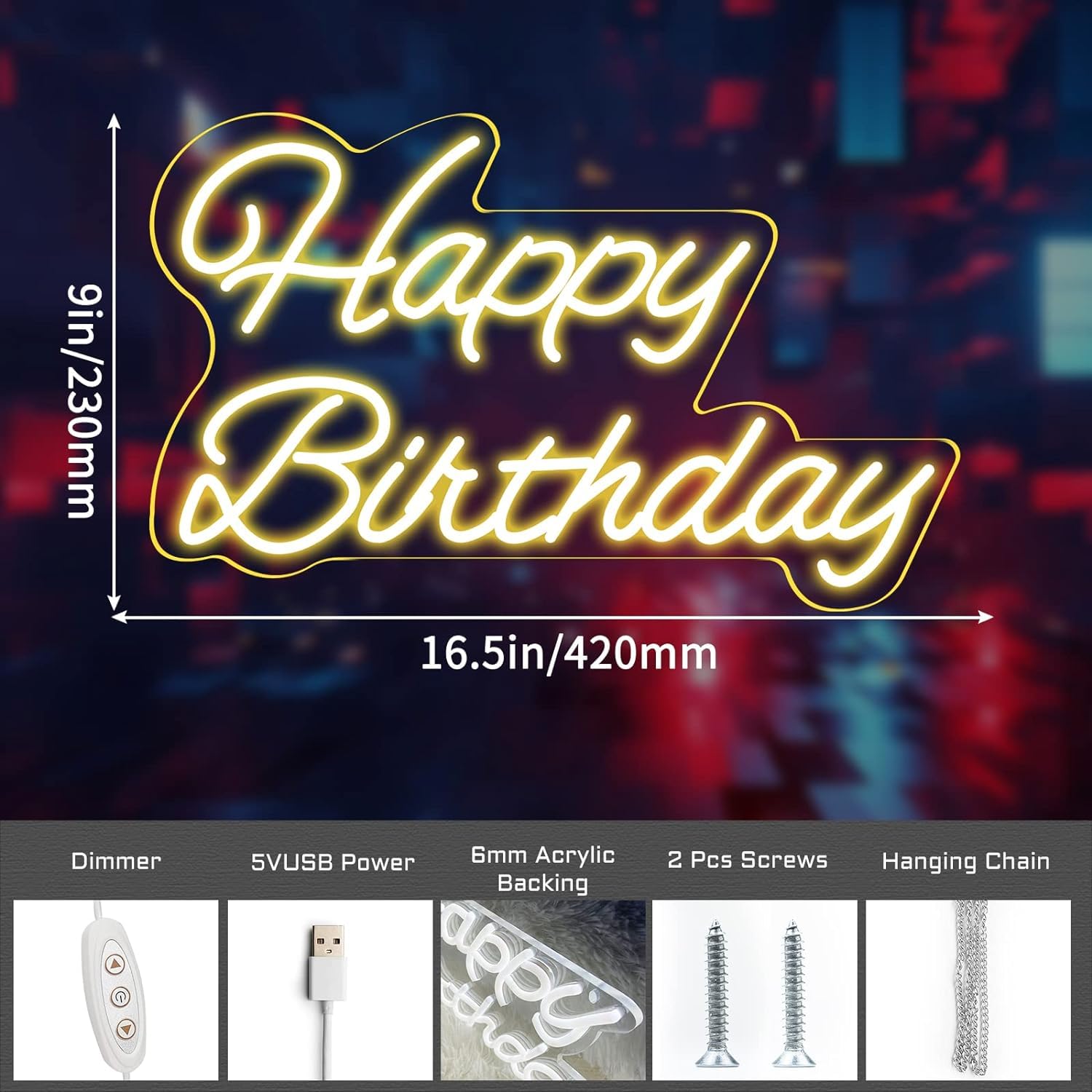 Neonawall Acrylic Birthday Neon Sign, Warm Light, Dimmable, USB Powered, 16.54x9.06in, Model Z-HB01-Warm-16
