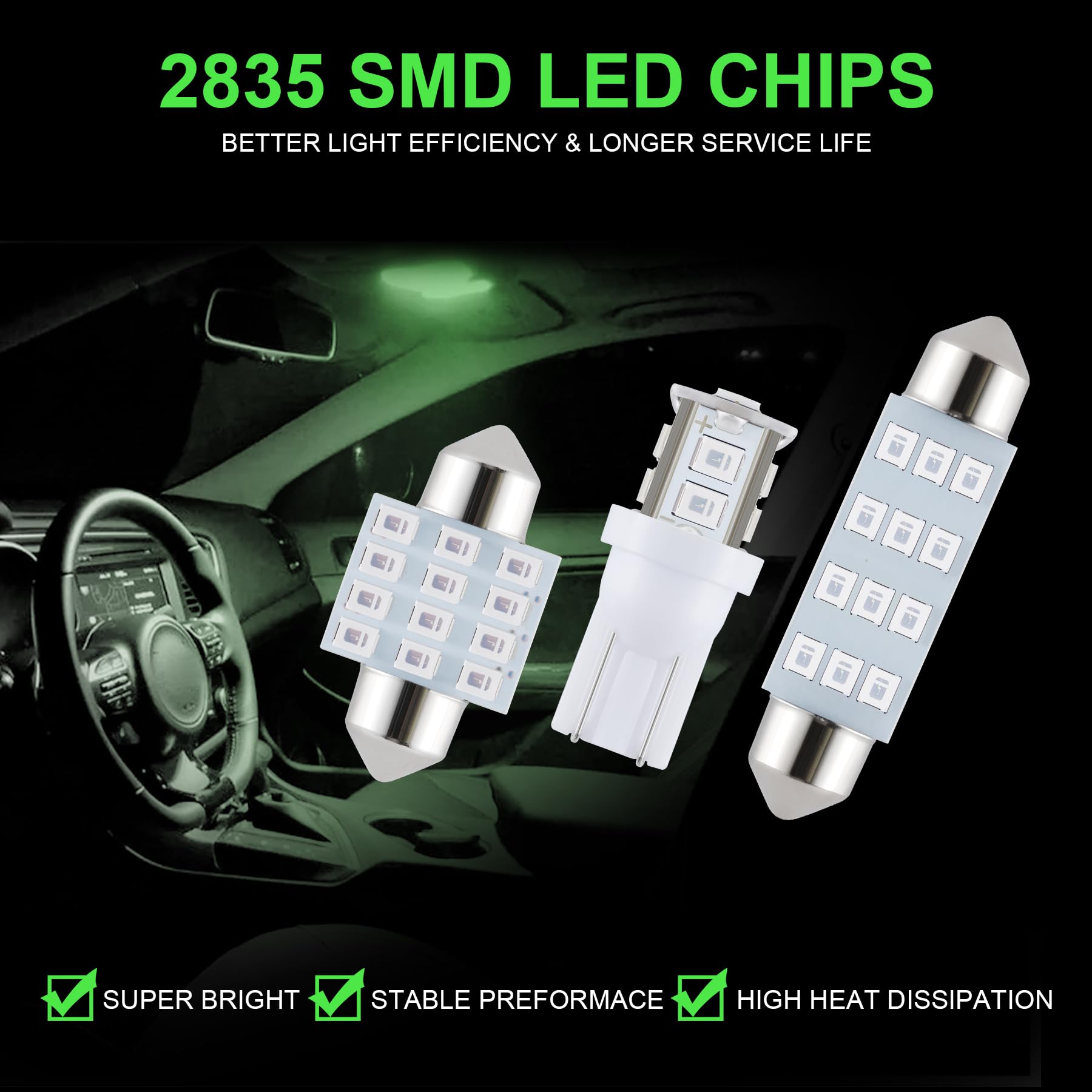 iFunyLED LED Car Interior Bulb Kit - 24 Pieces, T10 194 DE3175, Green