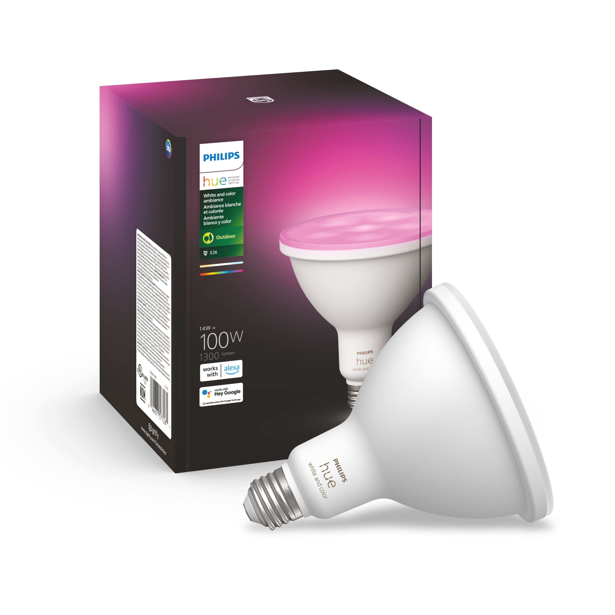 Philips Hue Smart 100W Par38 Led Bulb - White And Color Ambiance Color-Changing Light - 1 Pack - 1300Lm - E26 - Outdoor - Contro