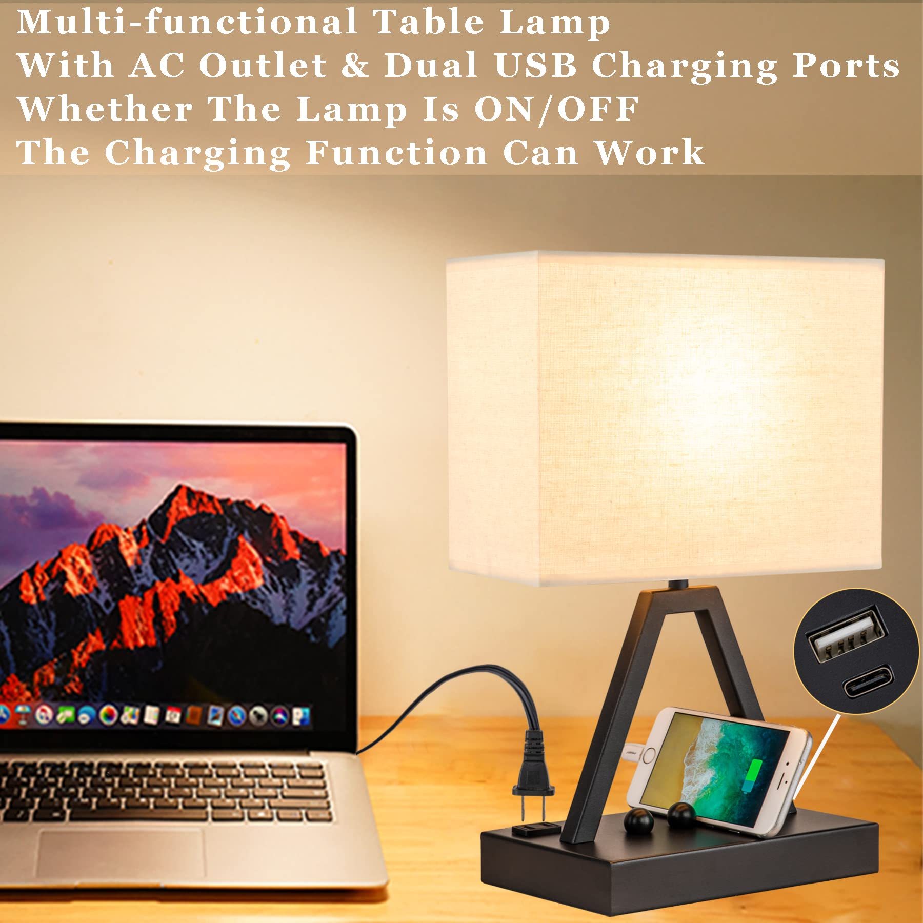 Briever Usb C Touch Control Table Lamp, 3-Way Dimmable Desk Lamp With Usb C & Usb A And Ac Outlet, Bedside Lamp With Phone Stand And Fabric Shade For Bedroom, Living Room, Bulb Included, Silver