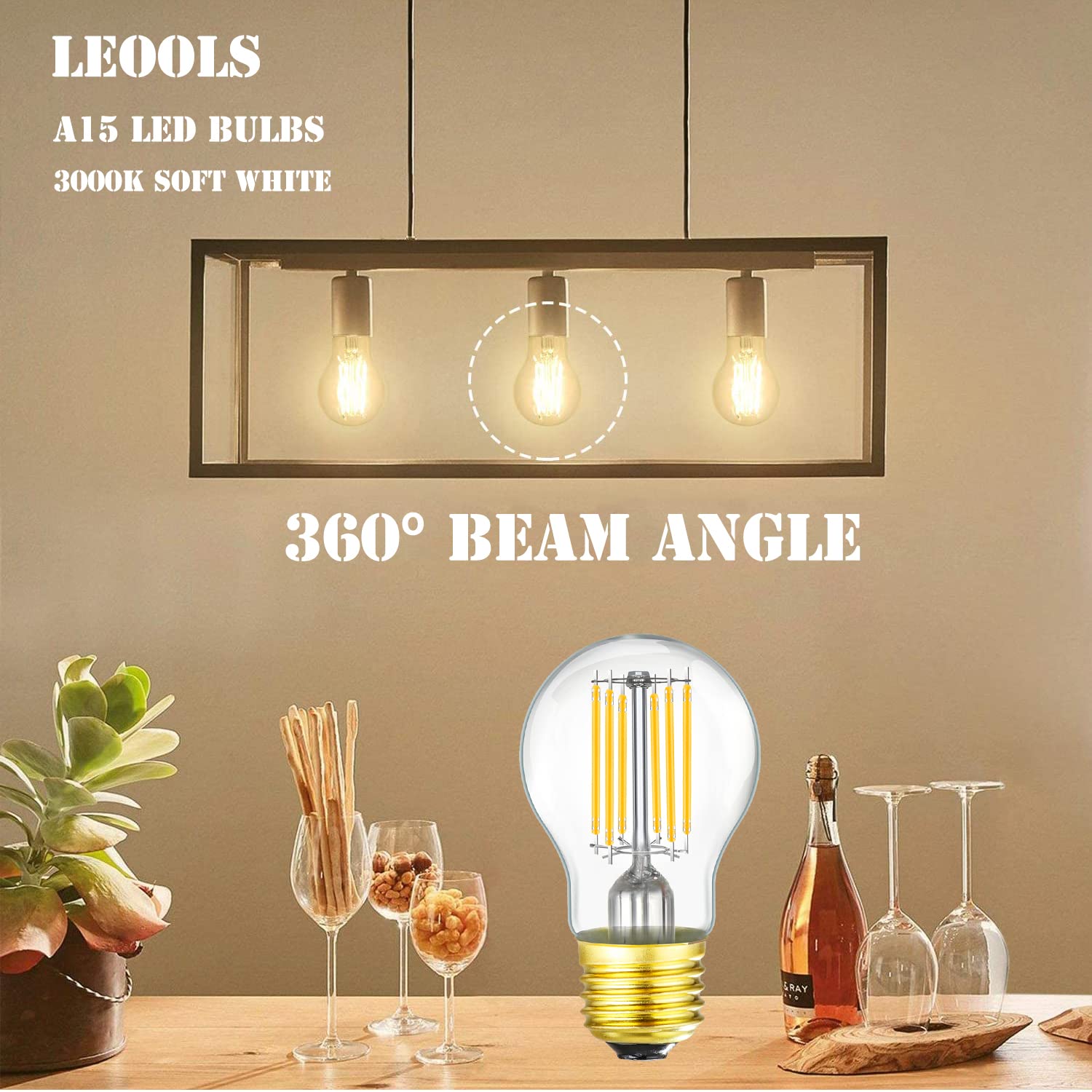 Leools Dimmable E26 Edison Bulb A15 8W Soft White 3000K Glass 6-Pack