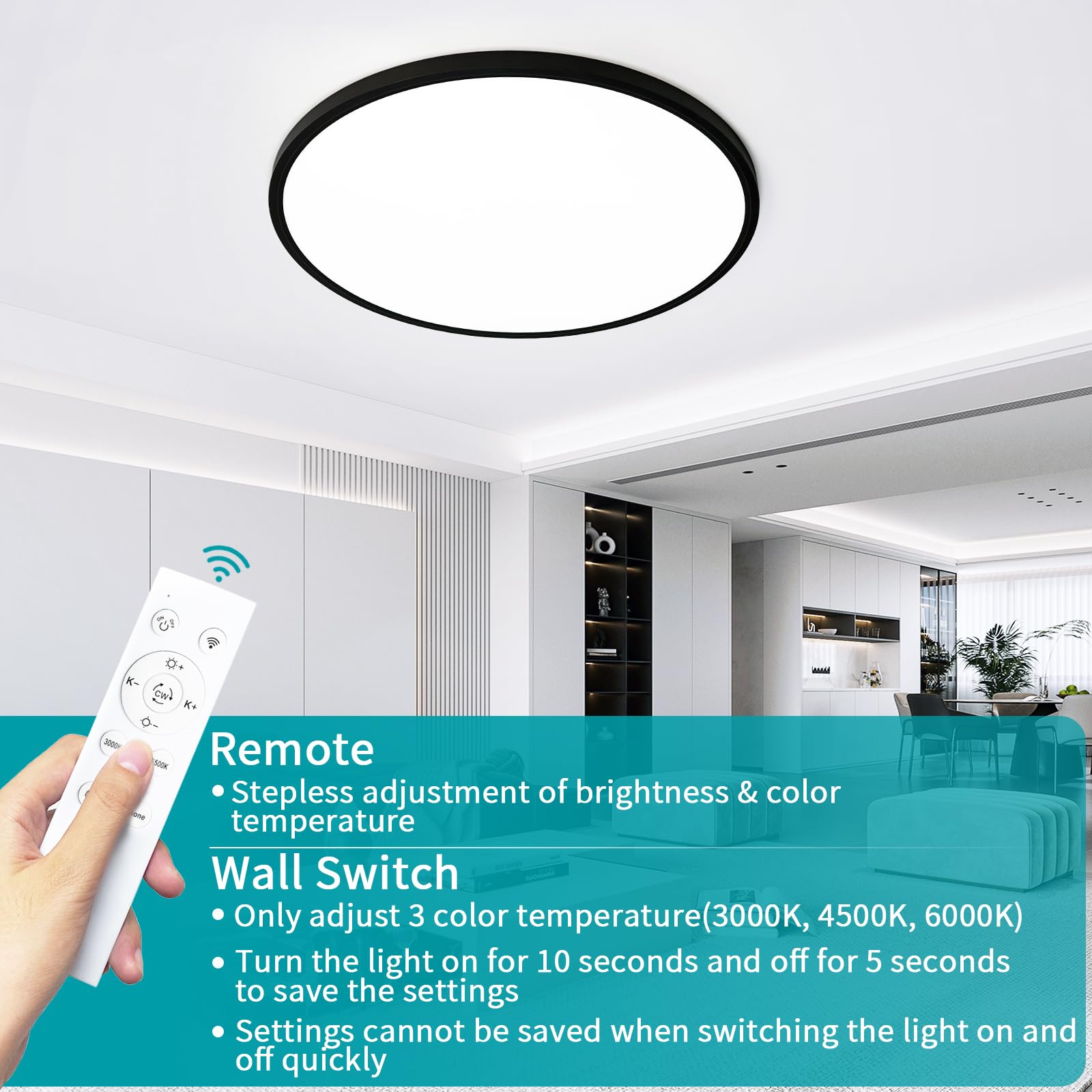 Glowall 24" LED Flush Mount Ceiling Light Fixture, Dimmable, 56W, 5600 Lumen, Ultra Thin, Black, Model V-LT0144
