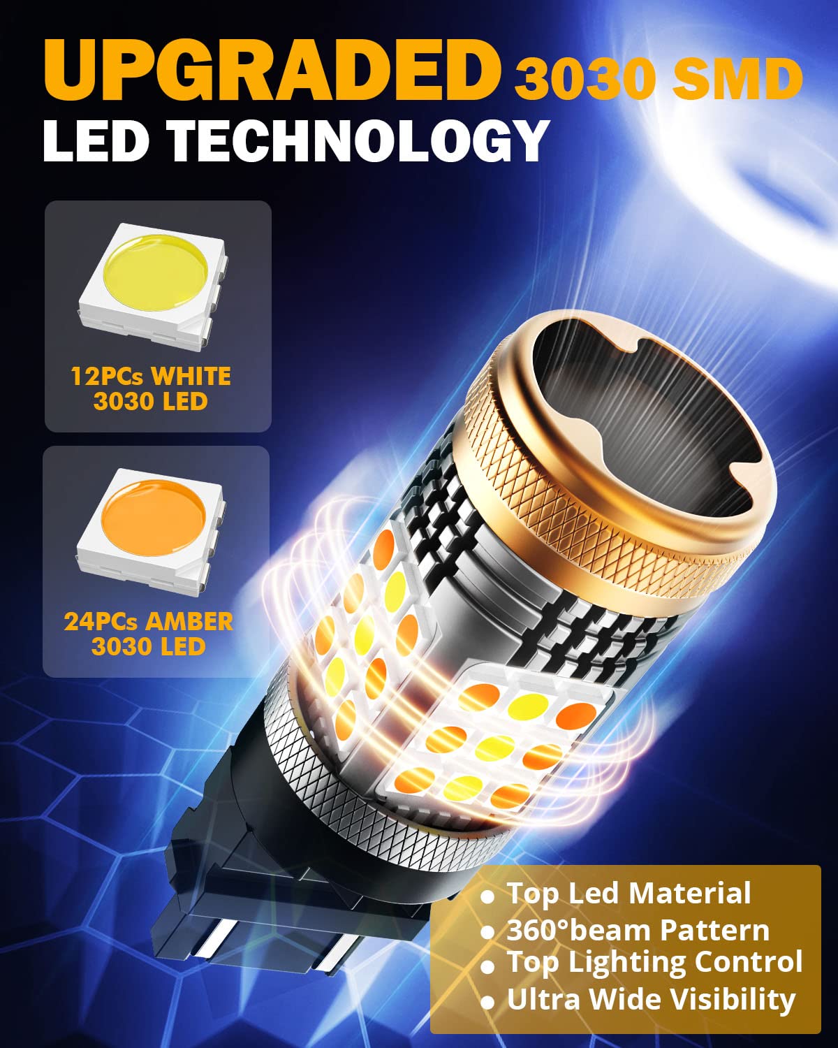 Auxbeam B21 Series 3157 Switchback LED Bulbs, Error Free, White & Amber, T25, 600% Bright, Built-in Resistor, CANBUS, Turn Signal Light