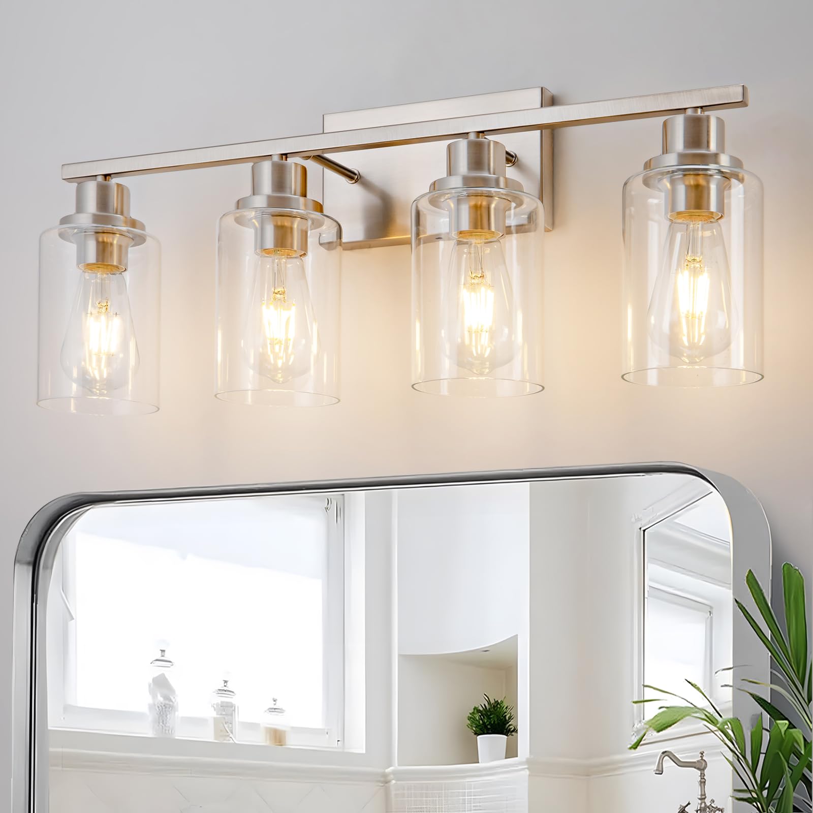 HCCZ 4 Light Bathroom Vanity Light Fixtures Brushed Nickel Glass Shade Model 800-100-1080 for Modern Farmhouse Decor