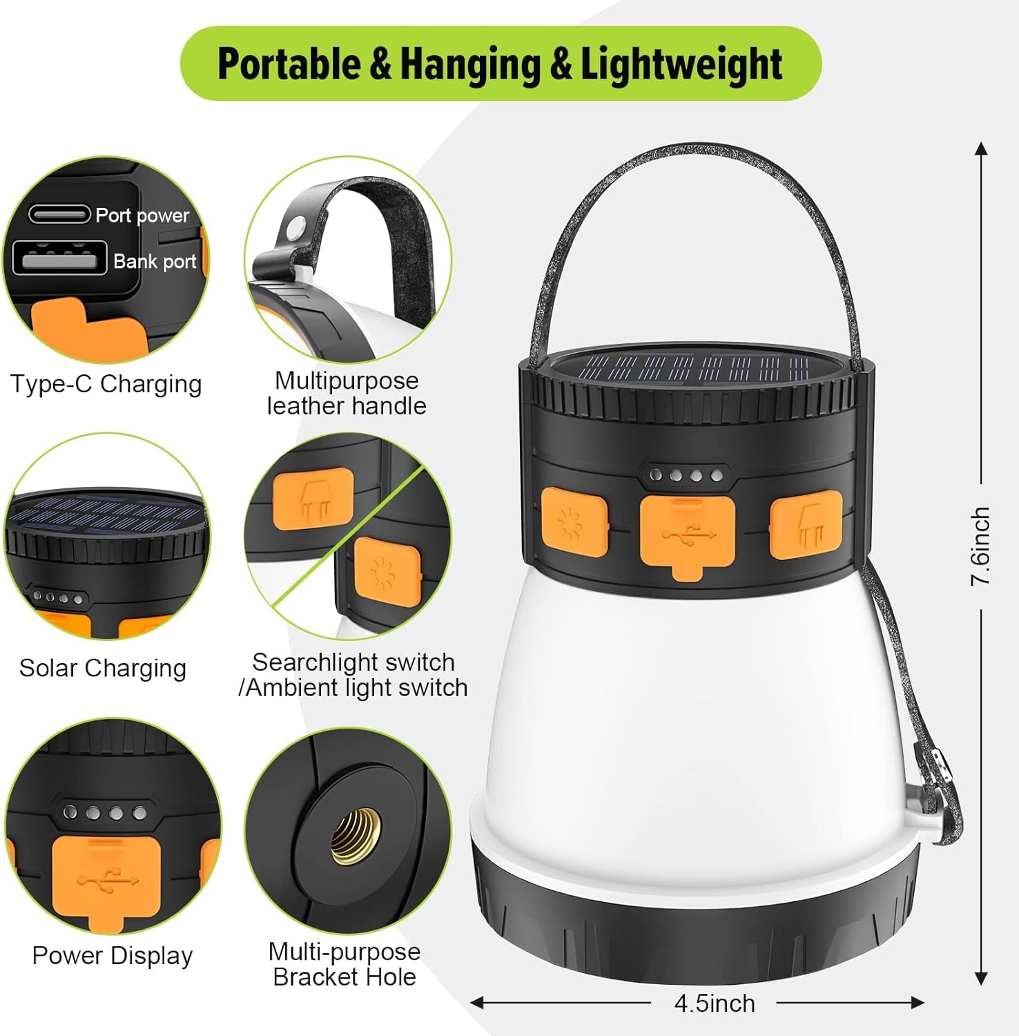 iToncs 2 Pack LED Camping Lantern, 1500 Lumens, Waterproof, Solar Rechargeable, 7500mAh Power Bank, Orange&Black