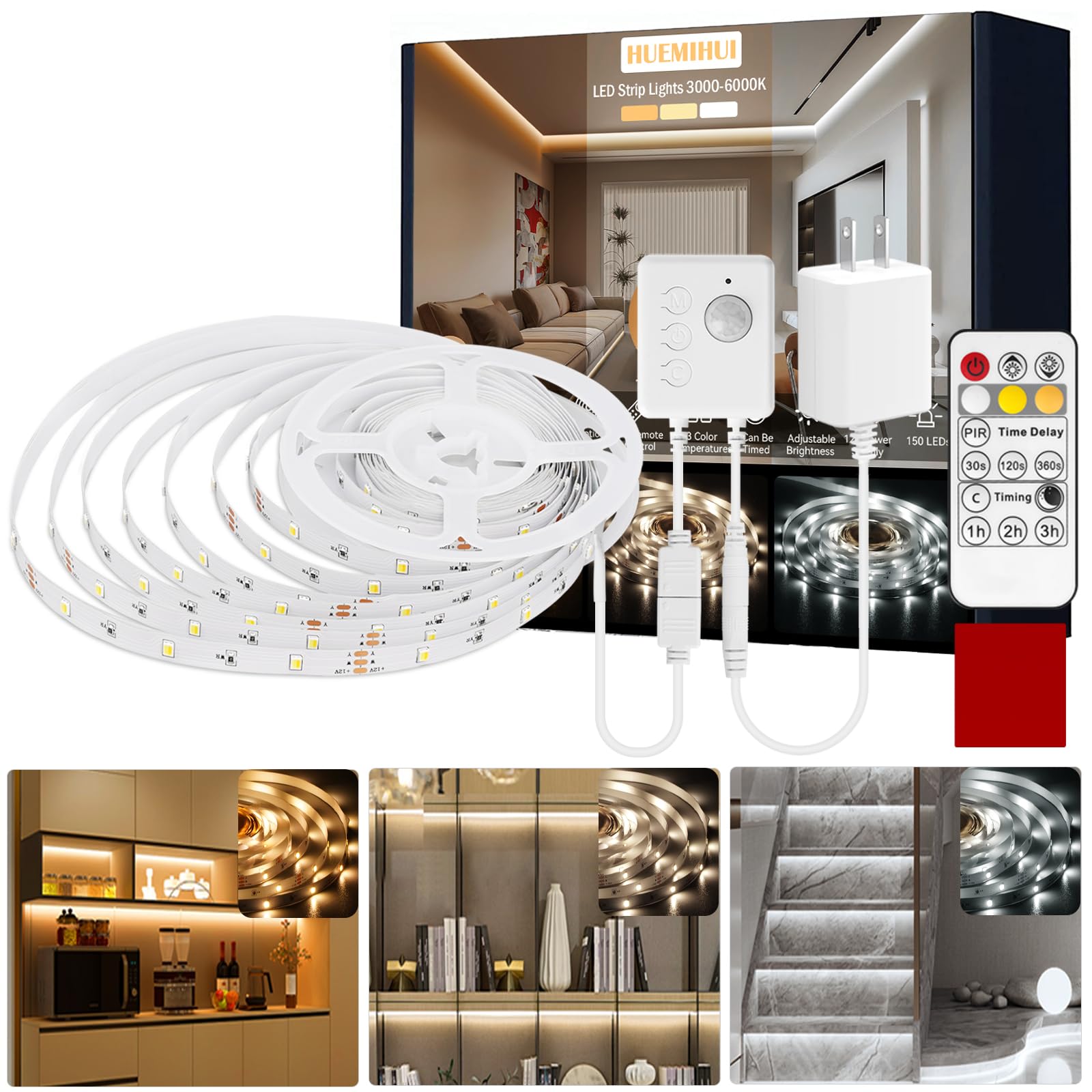 Huemihui 16.4Ft Motion Activated Led Strip Lights, 150 Leds, Dimmable 3000-6000