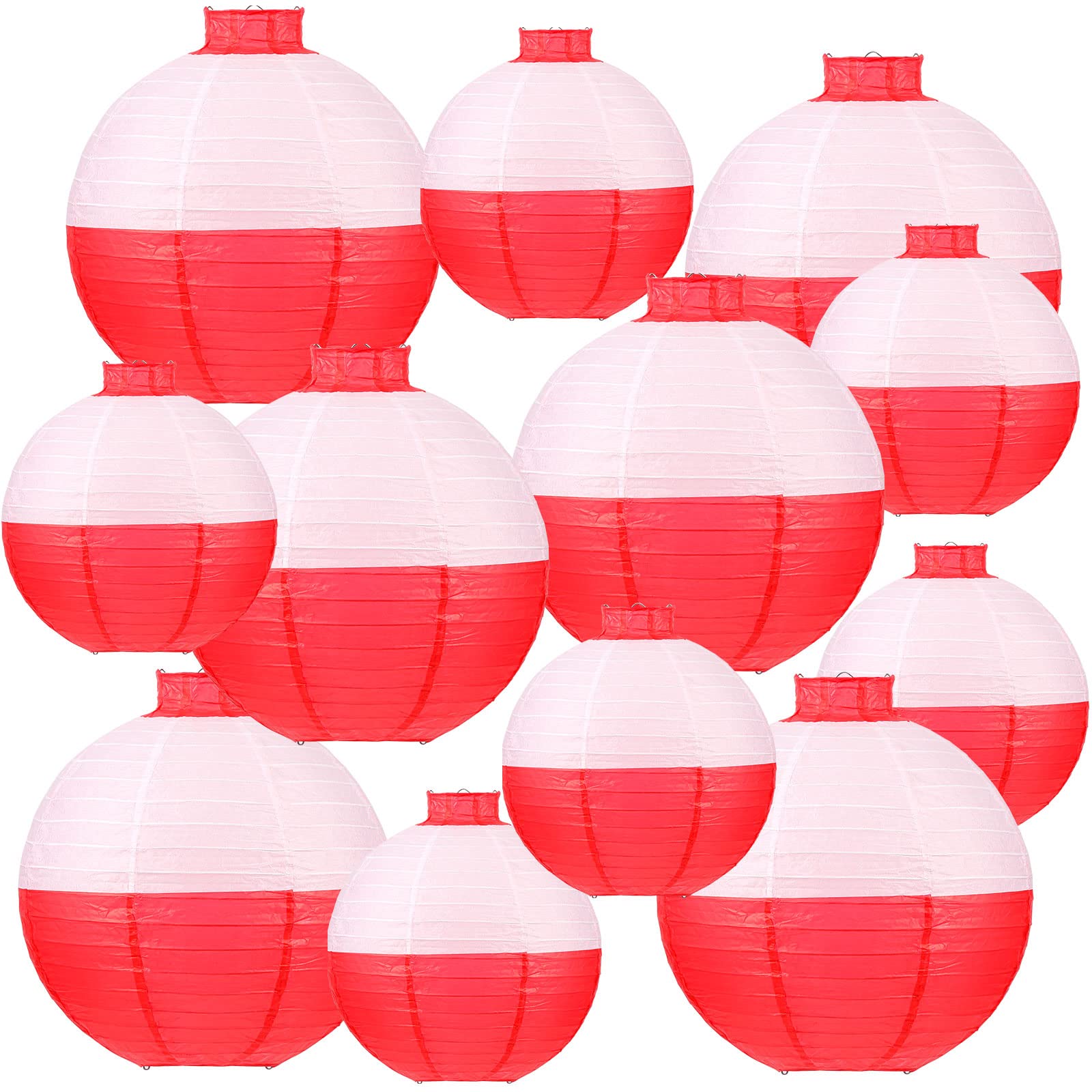 Set Of 12 Fishing Bobber Round Paper Hanging Lanterns Fishing Birthday Decorations Hanging Paper Lanterns For Fishermen Theme Party Decoration Supplies, 12 Inches, 8 Inches (Red And White)