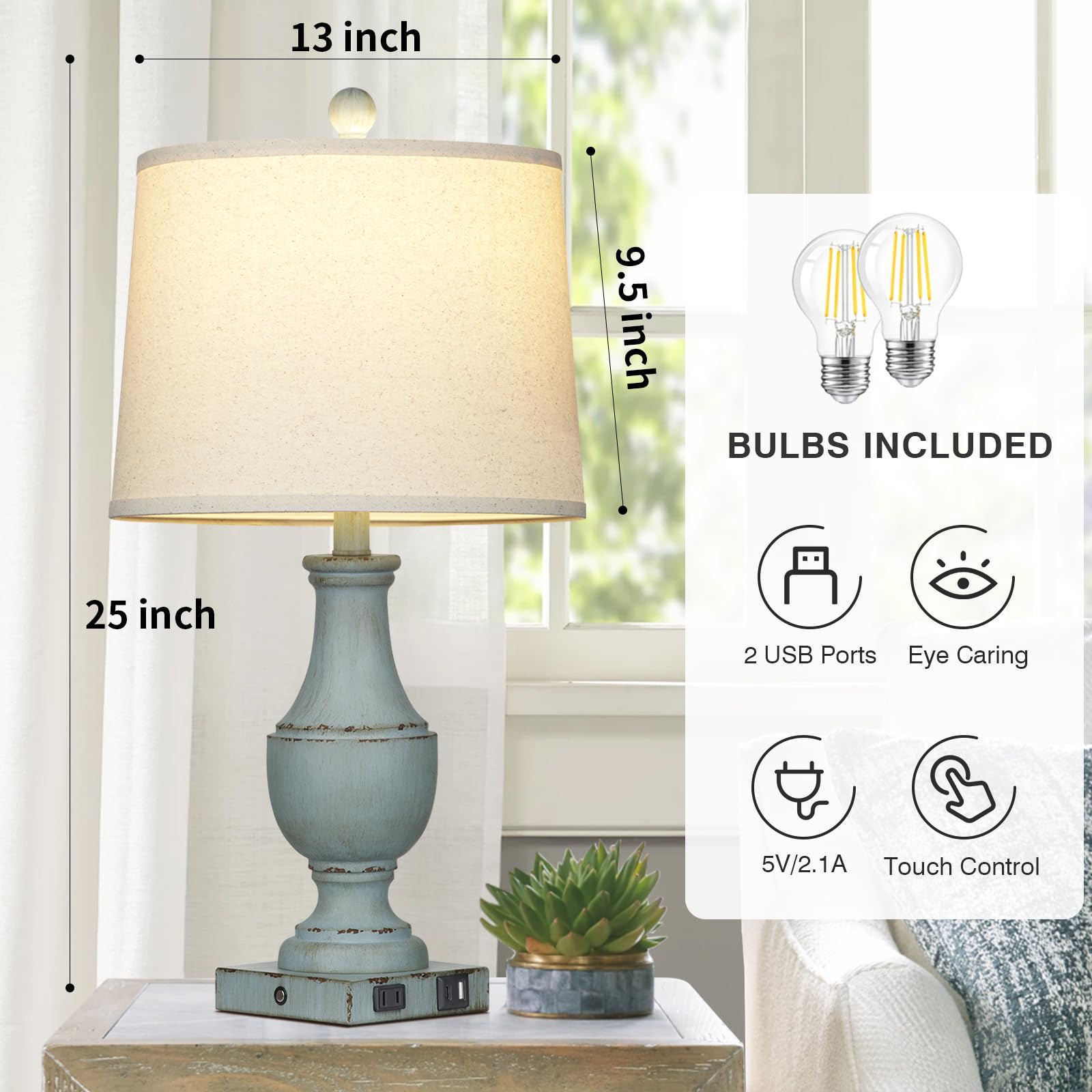 Farmhouse Table Lamps Set Of 2, Rustic Touch Control Bedside Lamps With 2 Usb Ports & Ac Outlet, Vintage 3-Way Dimmable Nightsta