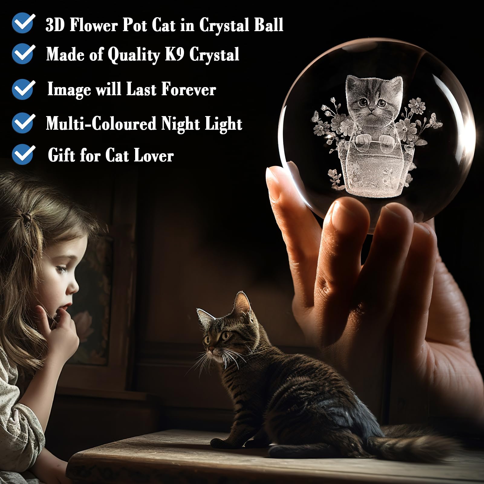 Ifolaina 3D Cat Crystal Ball 3D Flower Pot Cat Figurines Night Light Cat Lover Gifts For Women Home Decor Cat Collectibles Snow