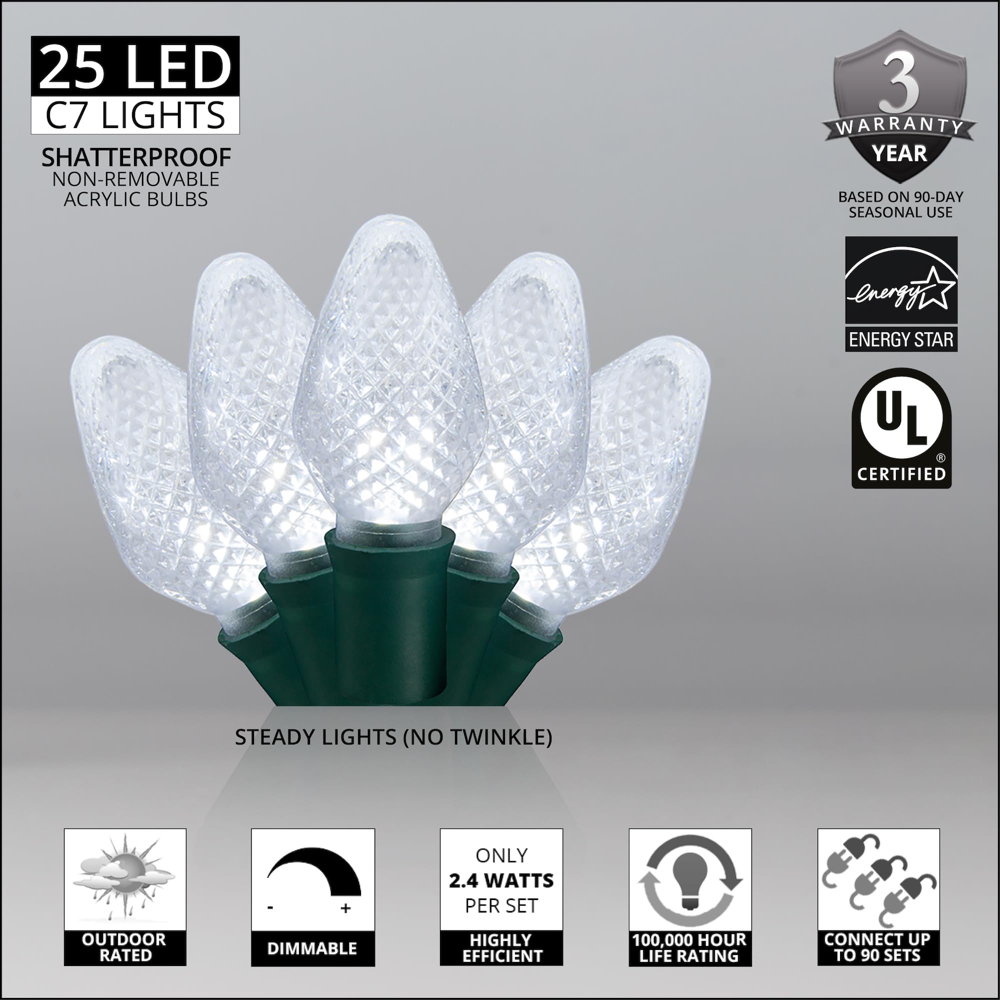 Wintergreen Lighting C7 Cool White Christmas Lights Set of 25, 17 Ft, White LED Christmas Lights Outdoor String Lights Party Wed