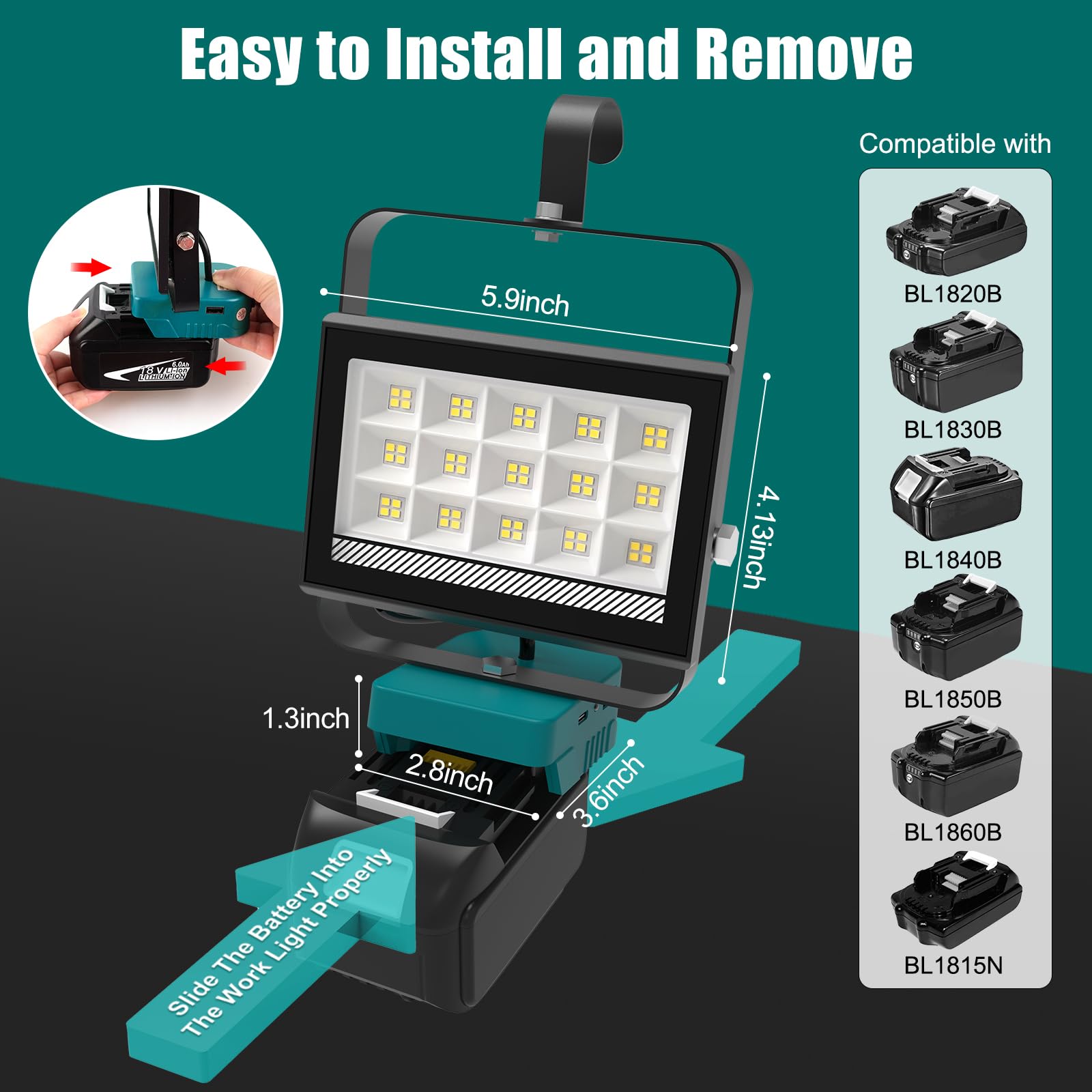 T-SUNiceM Cordless LED Work Light, 60W 6000LM, Dark Green, Model TS-F0430-60-MT, USB & Type-C Charging, 140°