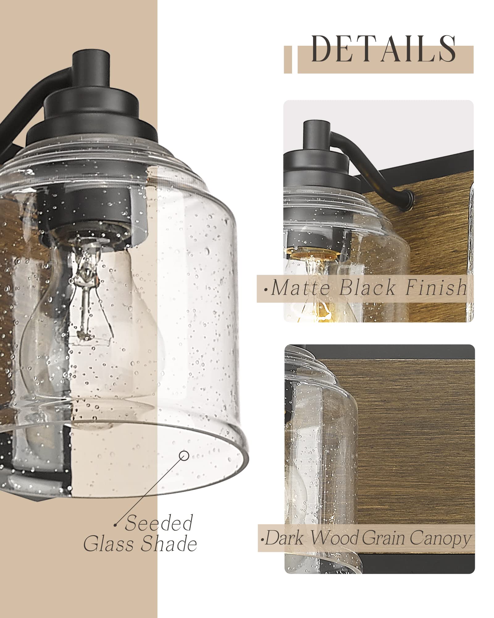 YKLITG 31.5 inch Farmhouse Bathroom Vanity Light Fixture, 4-Light Dark Wood Rustic Vanity Light with Seeded Glass Shades for Bat